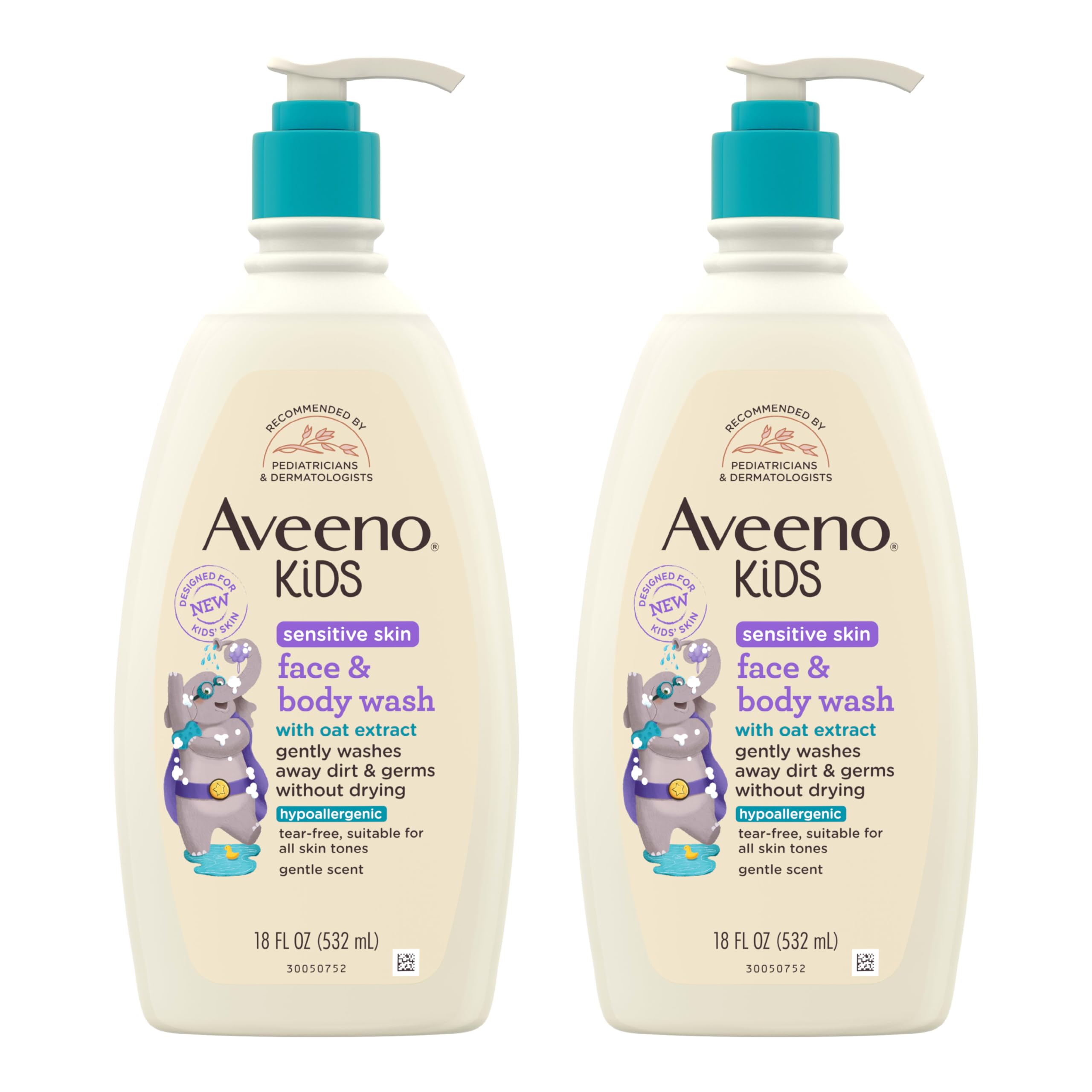 غسول الوجه والجسم للأطفال من Aveeno للبشرة الحساسة بخلاصة الشوفان، يغسل الأوساخ والجراثيم بلطف دون أن يسبب الجفاف، لا يسبب الدموع، غسول جسم للأطفال لا يسبب الحساسية، 18 أونصة سائلة، عبوة من قطعتين
