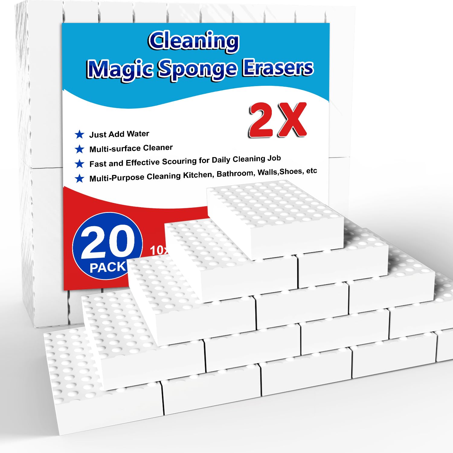 SmilinFit Magic Sponge Erasers, 20 Pack 2X Density Stronger Melamine Sponge Foam Pads, Multi-Functional Household Cleaning Supplies Cleaner for Kitchen, Bathroom, Bathtub, Sink, Wall Cleaner