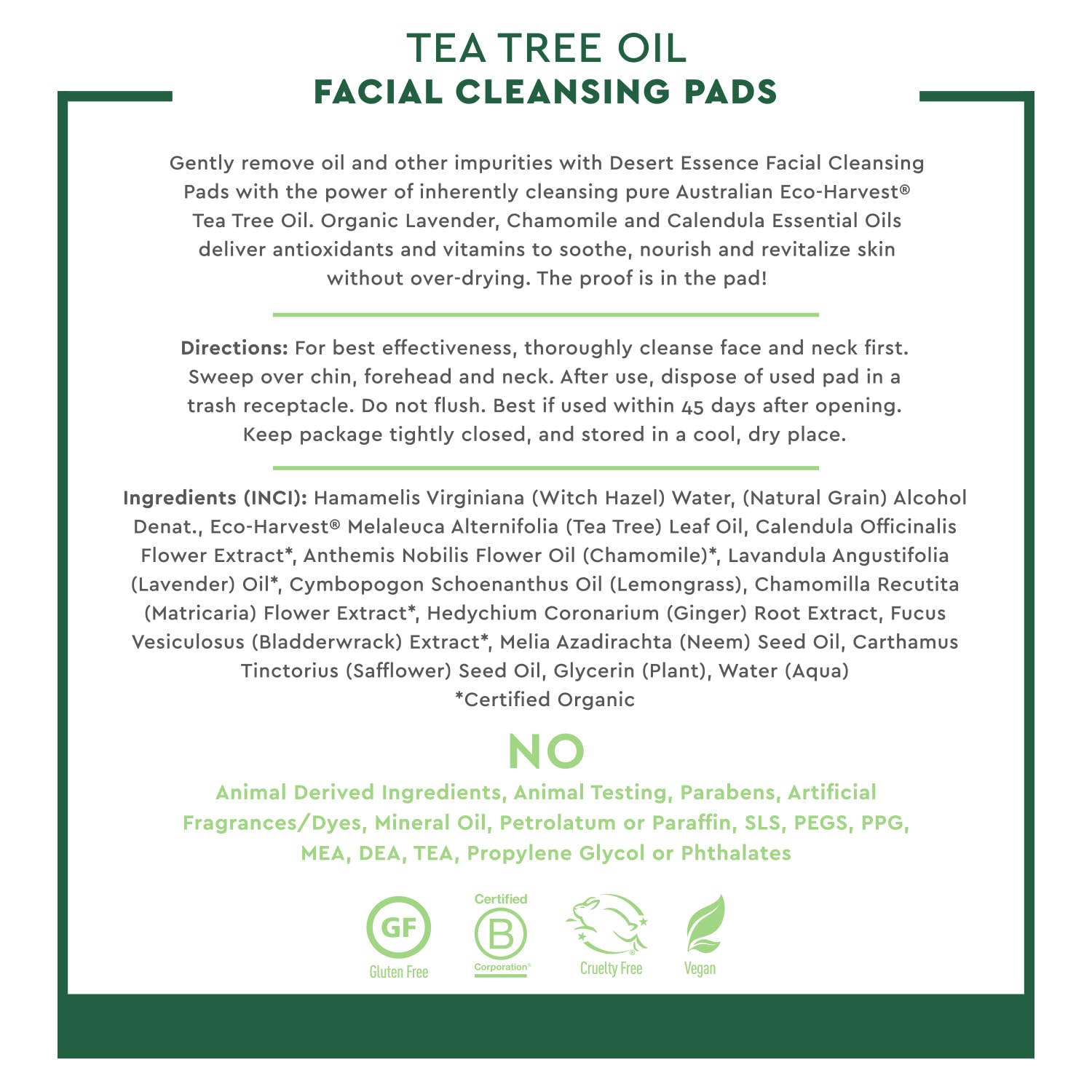 Desert Essence Tea Tree Oil Facial Cleansing Pads - Makeup Remover, Facial Cleanser & Toner with Organic Lavender & Chamomile - Travel-Friendly Personal Wipes for Clarifying Skin Care - 50 Pads