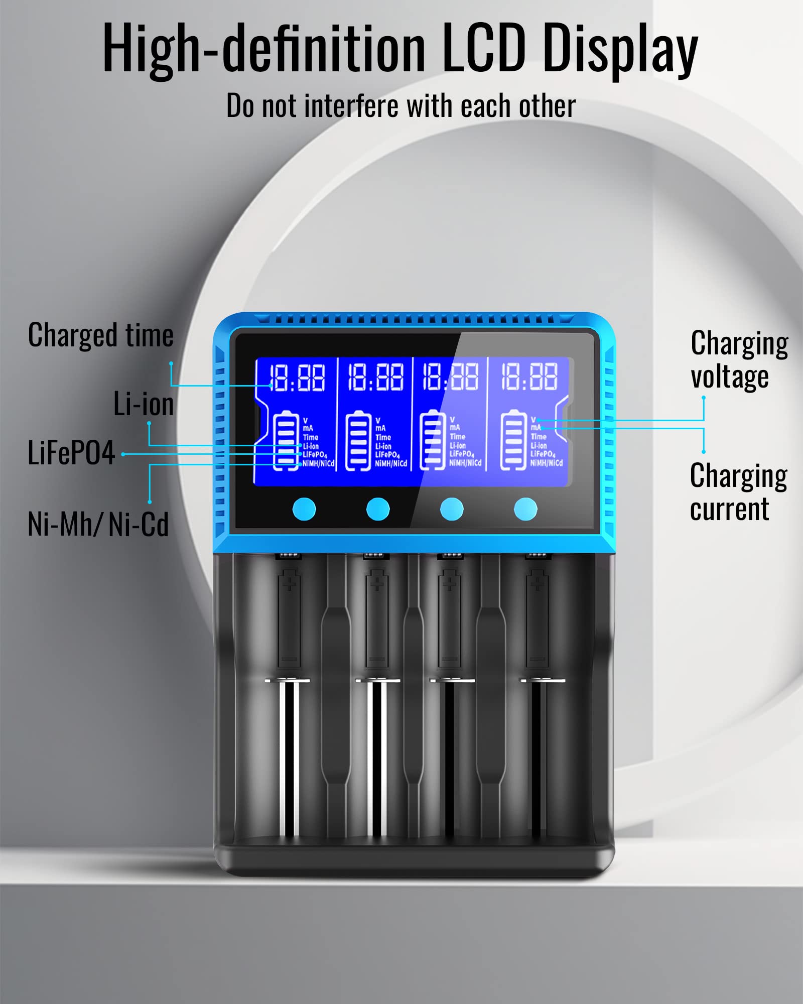 Keenstone 18650 Battery Charger, Smart Universal Charger LCD Display for Rechargeable Batteries Ni-MH Ni-Cd AA AAA Li-ion LiFePO4 IMR 10440 14500 16340 RCR123A 26650