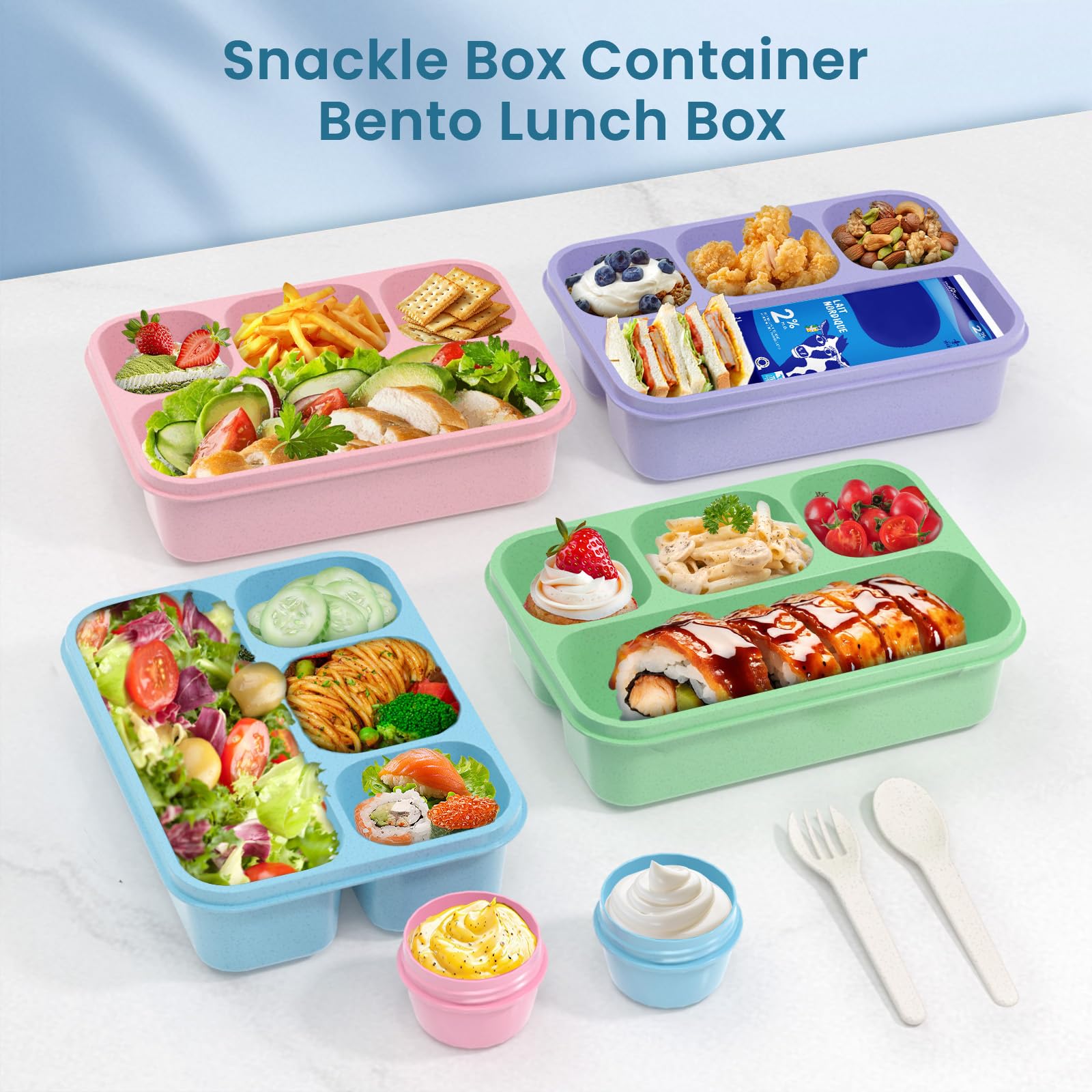 KHOXU Snackle Box Container, 4-Compartment Bento Lunch Box for Kids Women Men Adults, 44Oz/1300ML Meal Prep Boxes Reusable with 2 Sauce Containers & Utensils, 4 Pack (Wheat)