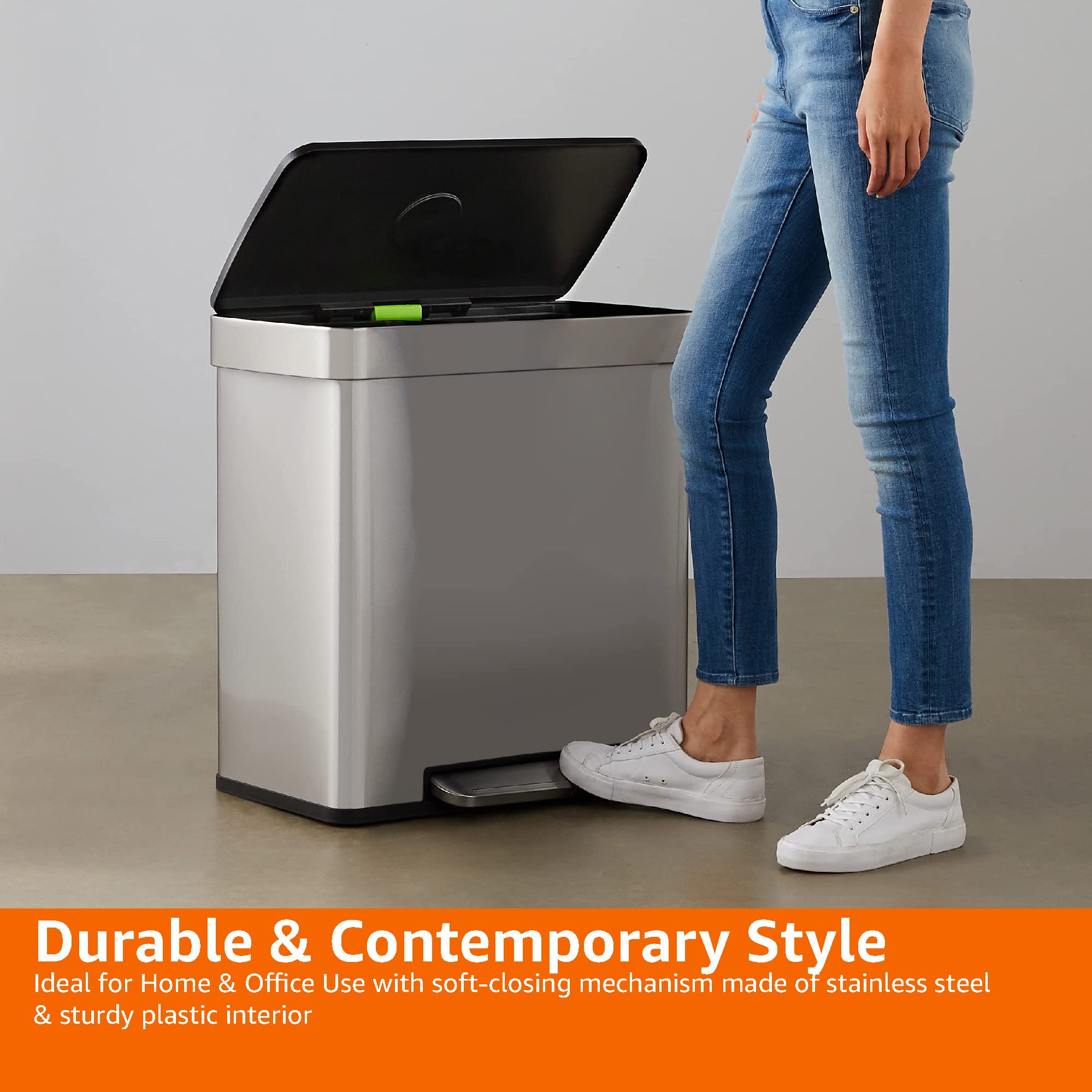 Amazon Basics Dual Compartment Recycling Trash Can with Soft-Close Lid and Removable Liner Buckets, 60 Liters, Rectangular, Grey, Silver