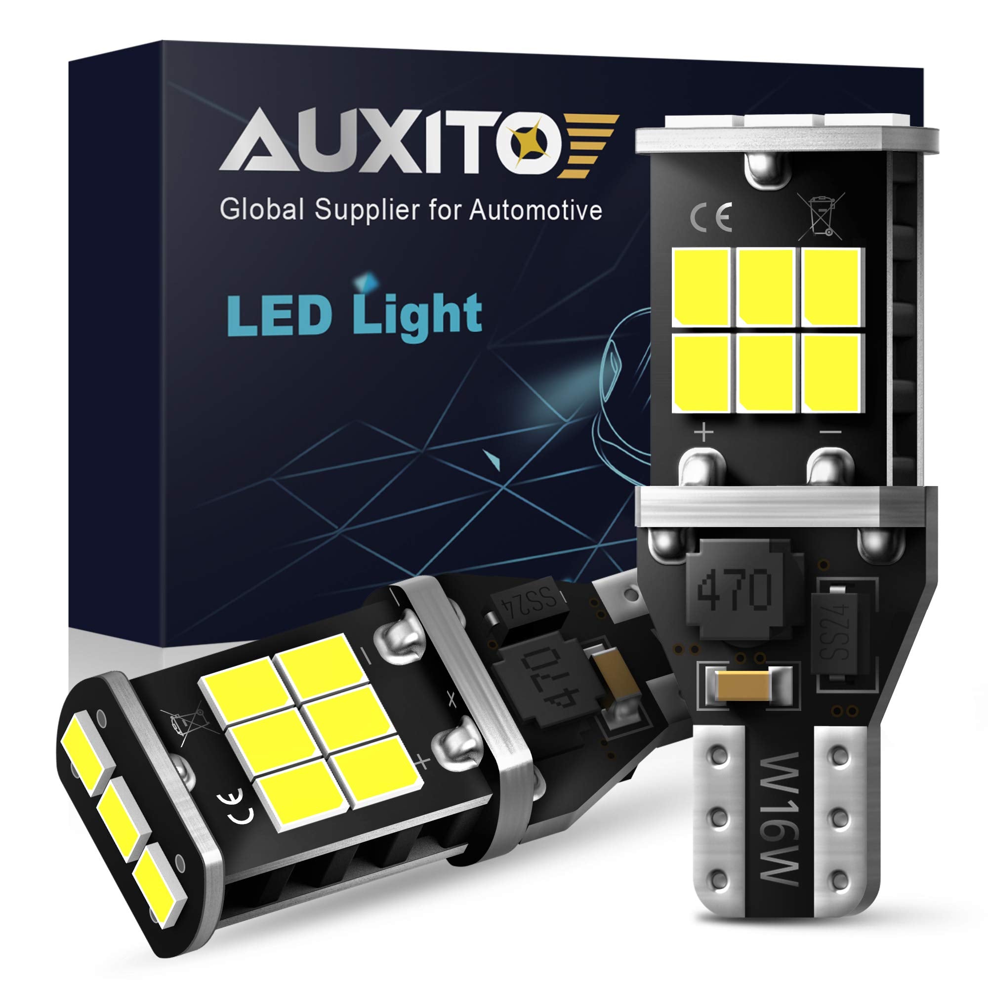 لمبة ليد AUXITO 912 921 لأضواء الرجوع للخلف، عالية الطاقة 2835 15-SMD شرائح خالية من الأخطاء T15 906 922 W16W، أبيض 6000K، لمبات إضاءة خارجية (نسخة مطورة، عبوة من قطعتين)