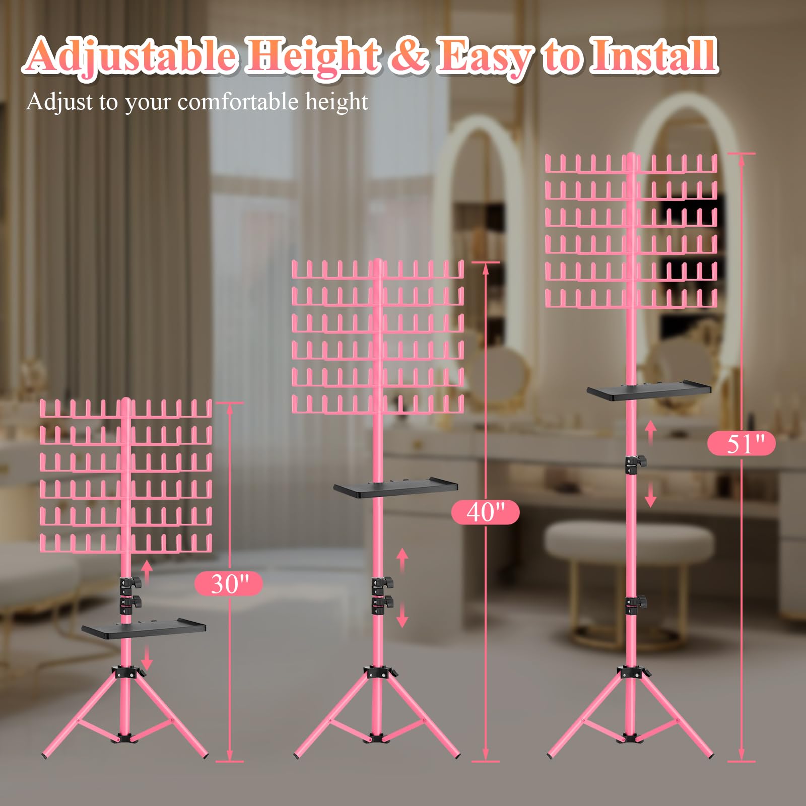 OLMRJKD Braiding Hair Rack with Tray, 144 Pegs Height Adjustable Braiding Rack, 2-side Hair Extension Holder Hanger, Hair Stand with Stylist Hair Braiding Tools for Hair Salon Home Traveling (Pink)
