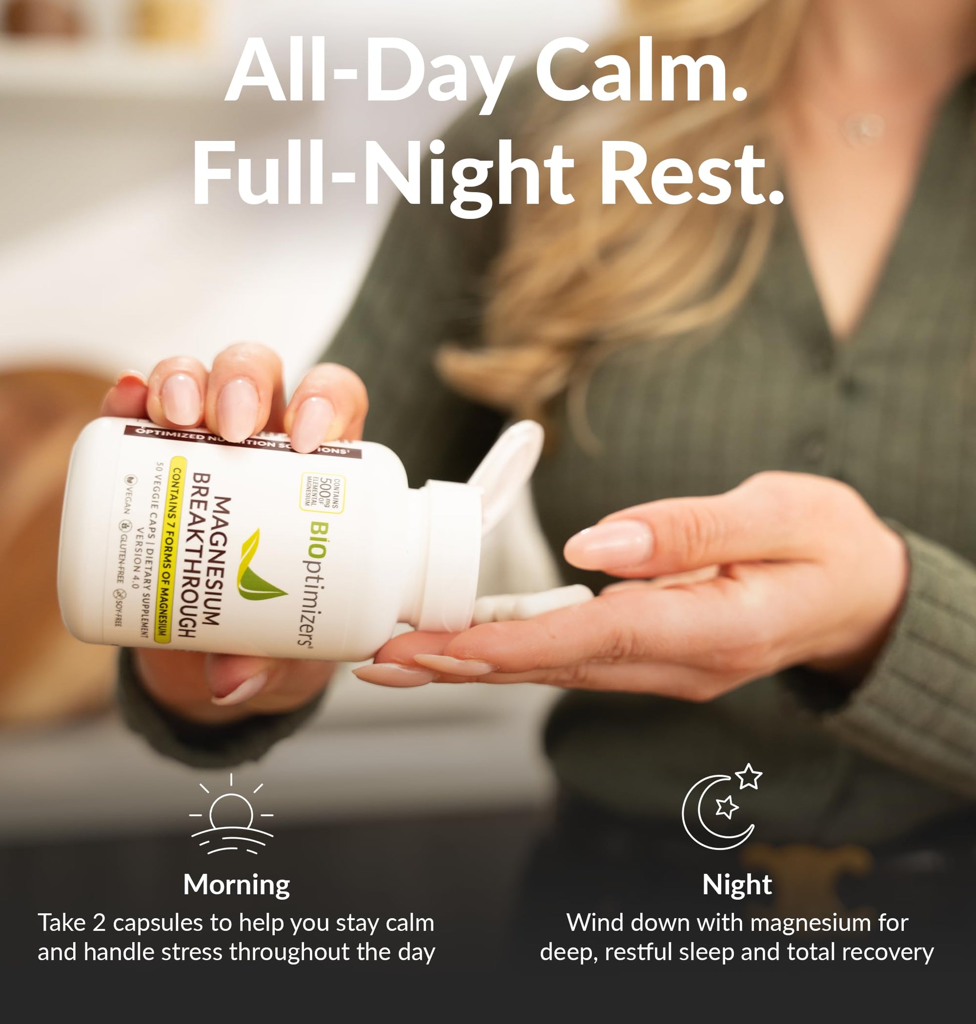 BIOptimizers Magnesium Breakthrough Supplement 4.0-7 Forms of Mg: Glycinate, Malate, Citrate, and More - Natural Support for Sleep and Cognitive Function - 60 Capsules- Calming Vitamins Complex