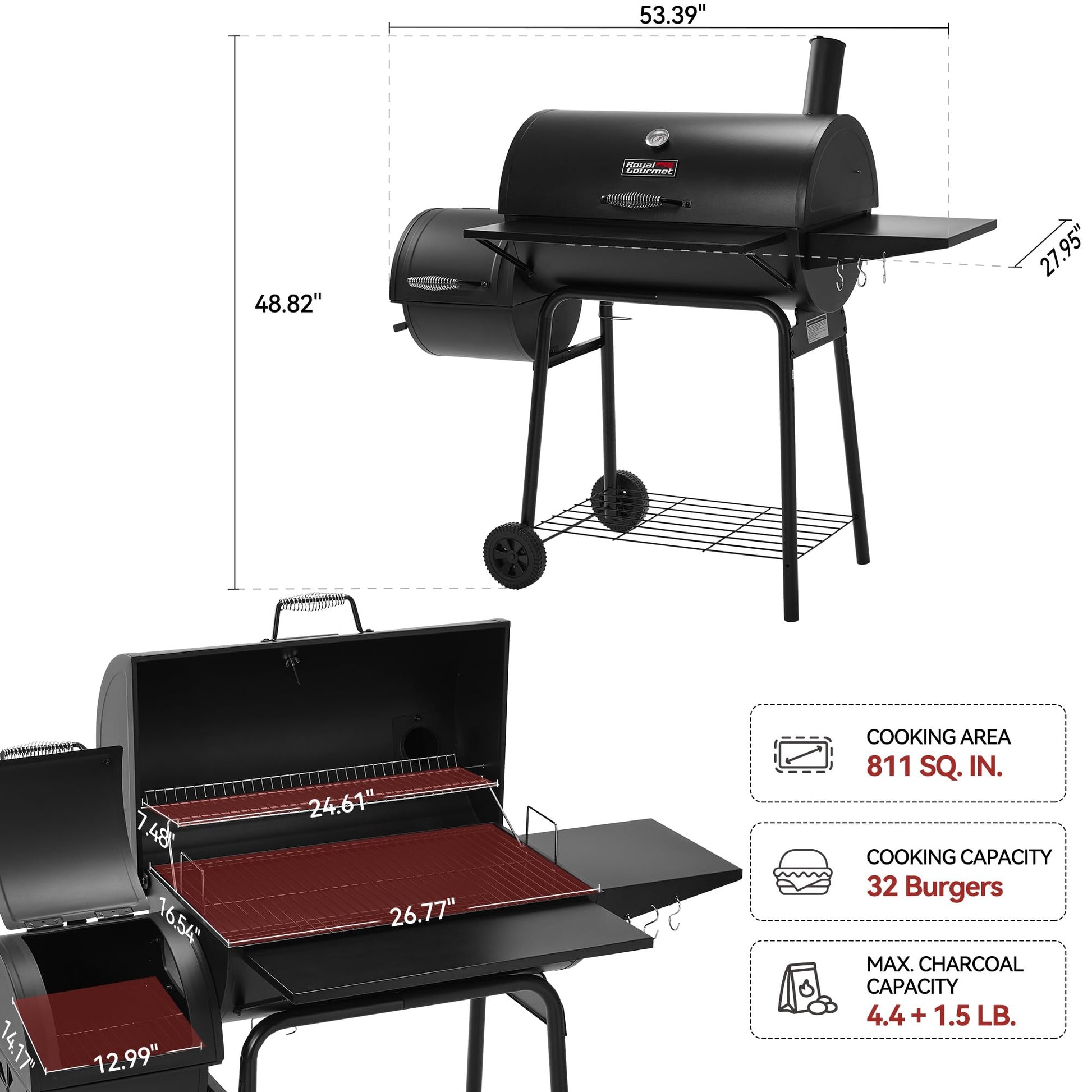 Royal Gourmet CC1830S 30" BBQ Charcoal Grill and Offset Smoker | 811 Square Inch cooking surface, Outdoor for Camping | Black