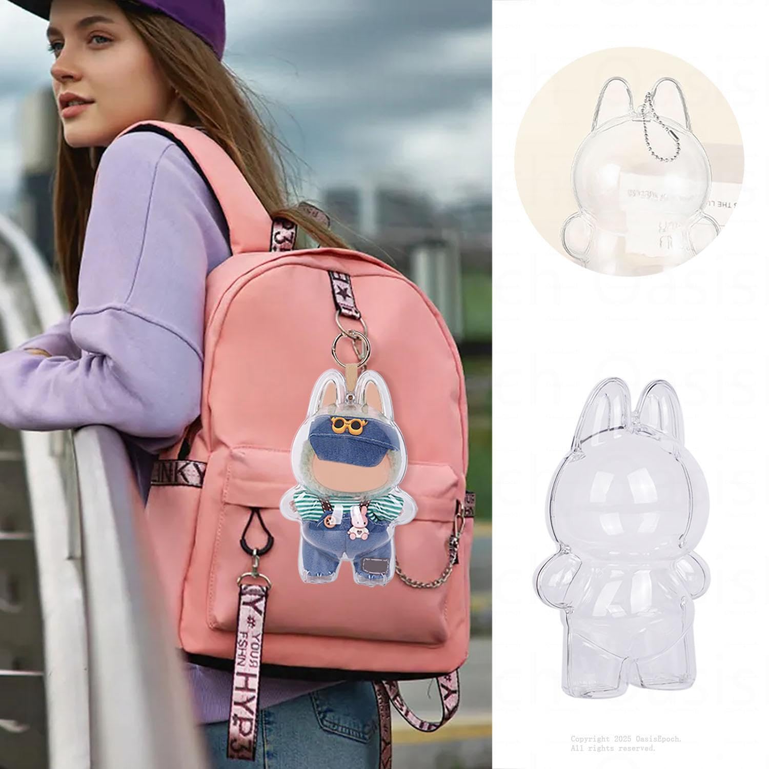 Protective Case Compatible with LABUBU Doll - Crystal-Clear Hard Display Box with Keychain & Dustproof Cover, Secure Backpack Hooks for Shelf/Outdoor Showcase (Doll Not Included)（Standing）