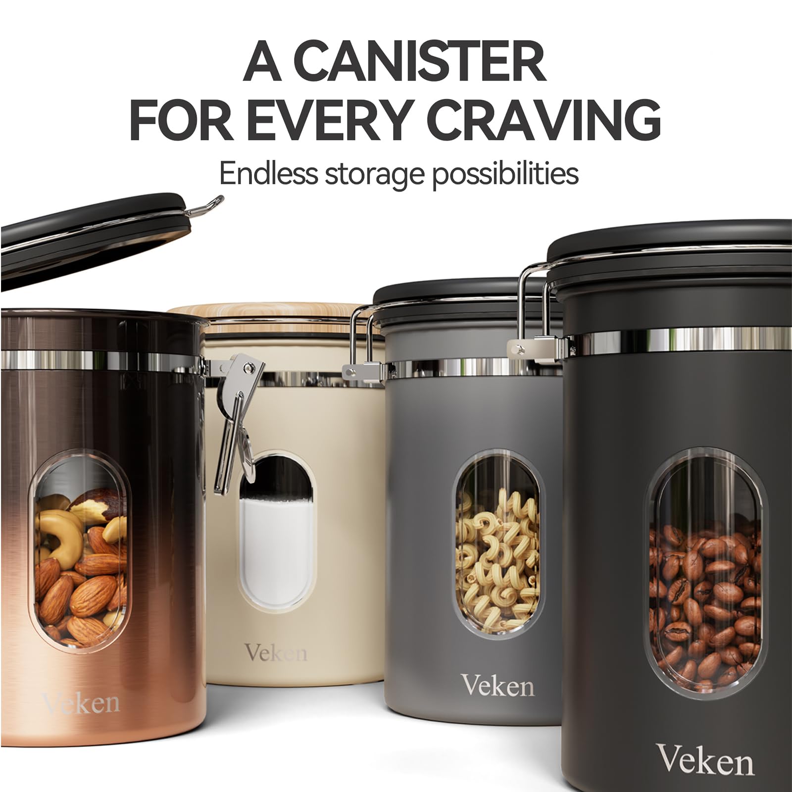 Veken Coffee Canister with Window,Airtight Stainless Steel Container,Home Kitchen Food Storage Organizers for Grounds,Beans,Espresso,Rice,Tea,Sugar,Flour, Cereal,Scoop,Bar Accessories,Gifts,22OZ,Black