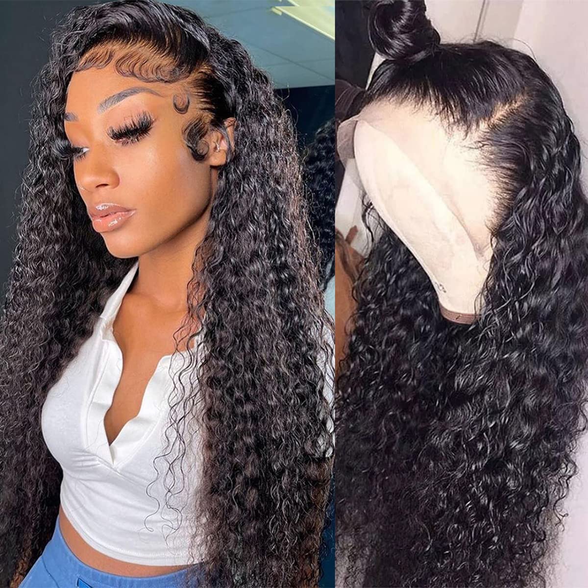 13x4 Lace Front Echthaarperücken, vorgezupft, 180 Dichte, brasilianisches Echthaar, nass und gewellt, für schwarze Frauen, glueless lockige Lace Frontal Perücke, Naturfarbe (22 Zoll)