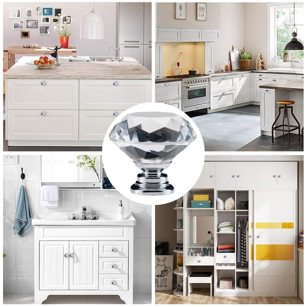 YourGift 12 Pack Drawer Knobs Diamond Shaped Crystal Glass 30mm Cabinet Knobs Pull Handles (Silver)