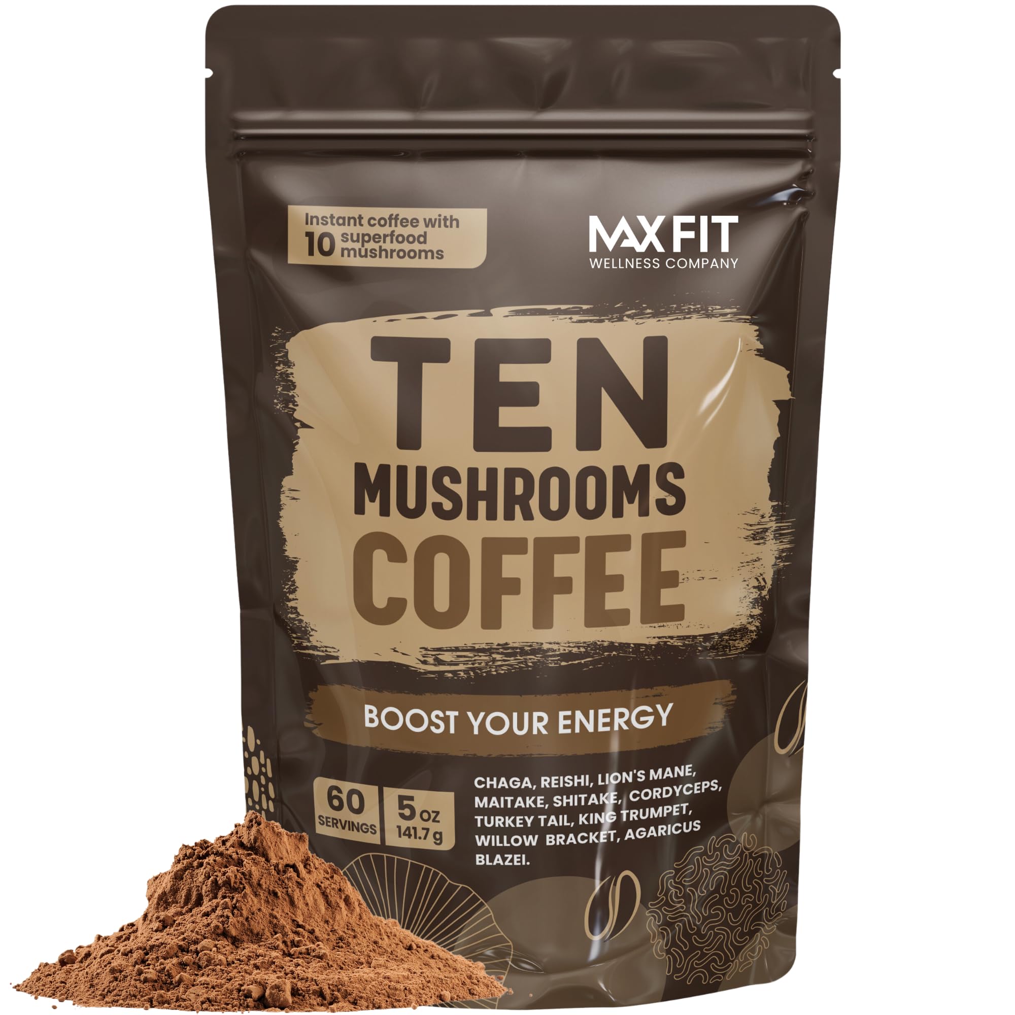 Mushroom Coffee (60 Servings) 10 Mushrooms (Lion's Mane, Cordyceps, Turkey Tail & Other) Mixed With Gourmet Arabica Instant Immune Boosting Coffee for Focus & Gut Health Support