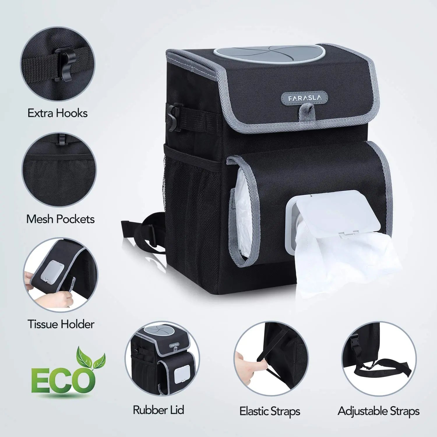 Farasla All-in-One Car Trash Can, Garbage Bag for Car with Removable Leakproof Interior Liner, Adjustable Tissue Holder & Straps(Black)