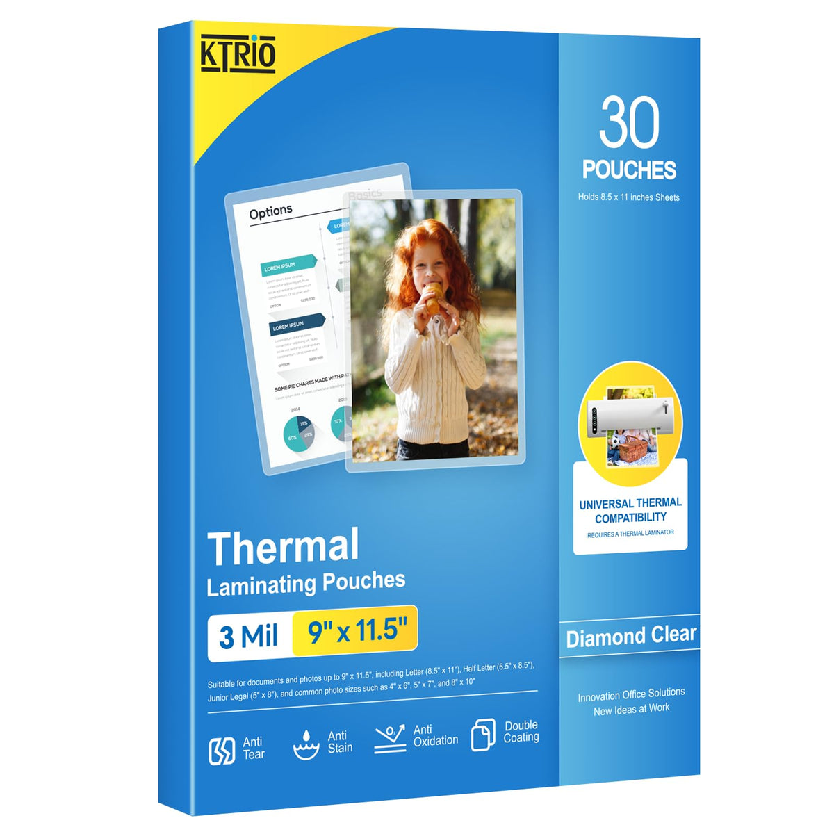 KTRIO Laminierfolien, für Blätter im Format 8,5 x 11 Zoll, 30 Stück, 3 Mil transparente Thermolaminierbeutel für Laminiergeräte, 9 x 11,5 Zoll Laminierpapier für Schule, Zuhause & Büro