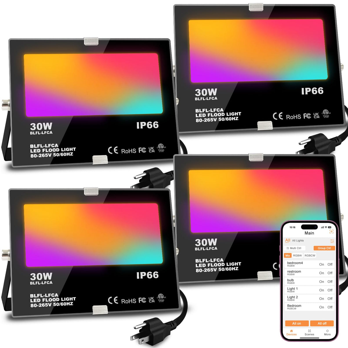 كشاف LED خارجي 30 واط، يعادل 300 واط 3000 لومن إضاءة مناظر طبيعية ذكية RGB مع تحكم عبر التطبيق، مشاهد قابلة للتخصيص - توقيت - أبيض دافئ 2700 كلفن - إضاءة تصاعدية متغيرة الألوان، IP66، قابس أمريكي، لا يوجد جهاز تحكم عن بعد MELPO (عبوة من 4 قطع)
