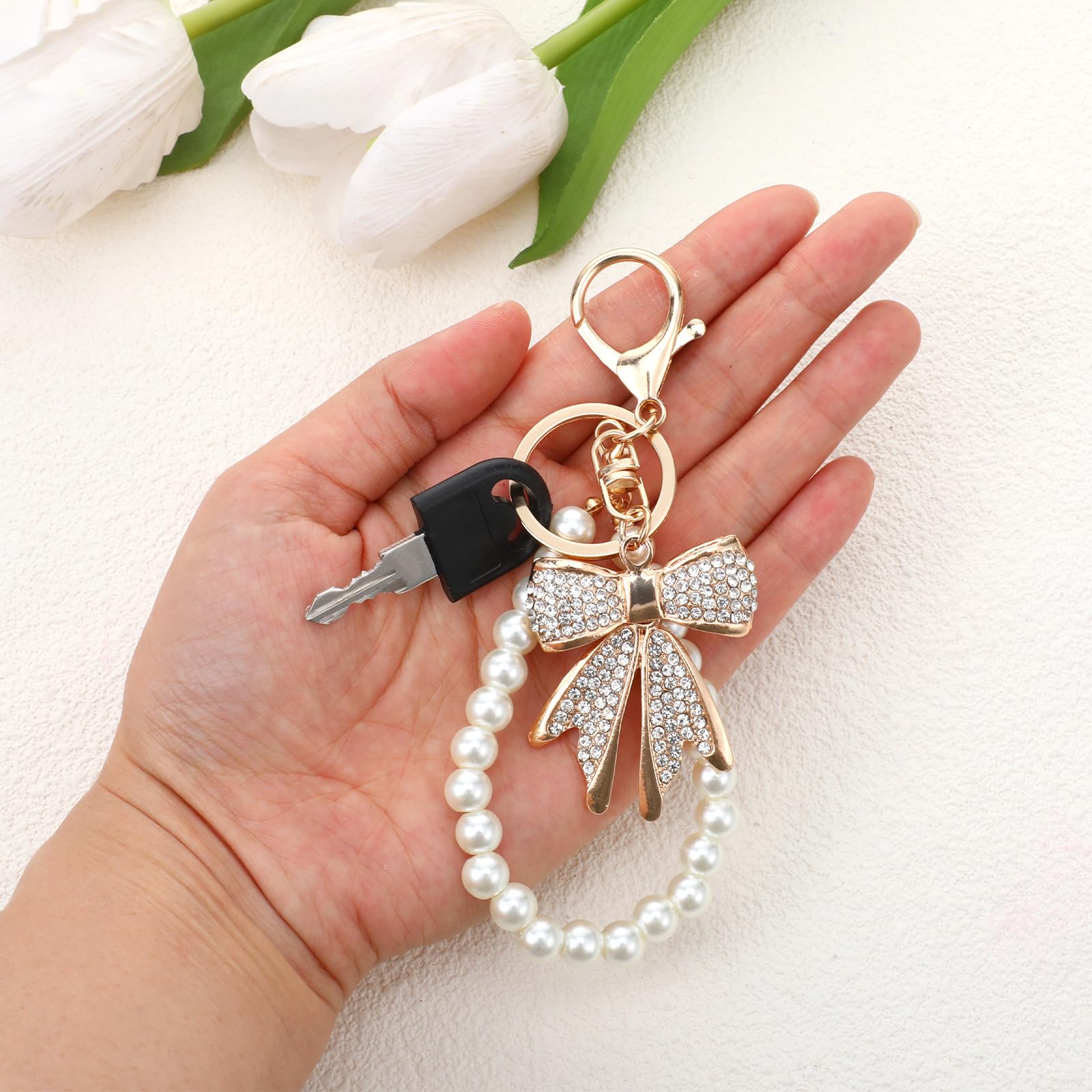 Lnngub Bow Keychain White Rhinestone Bowknot Keychain Imitation Pearl Chains Sparkly Bow Purse Charm Bag Charms for Handbags Purse Backpacks Handbag Charms Keychain Accessories for Women,2 Pcs