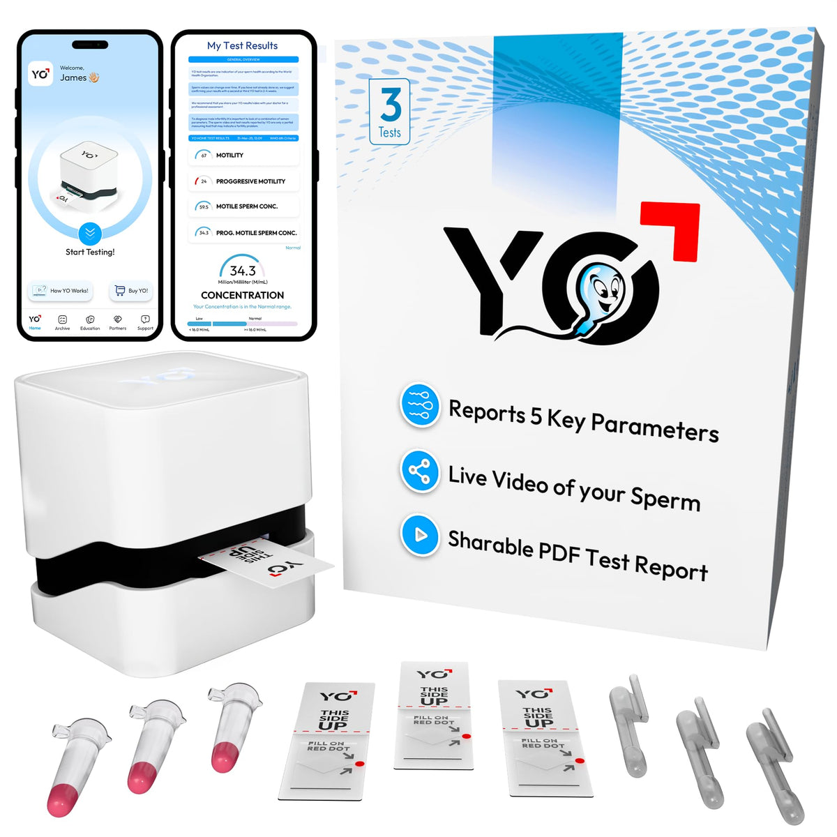 YO Heim-Spermatest | Nr. 1 von der FDA zugelassene Heimanalyse von Sperma | Testet Spermienkonzentration, Motilität, progressive Motilität und mehr mit 97 % Genauigkeit | Kein Einsenden oder Laborbesuch | Inklusive 3 Tests