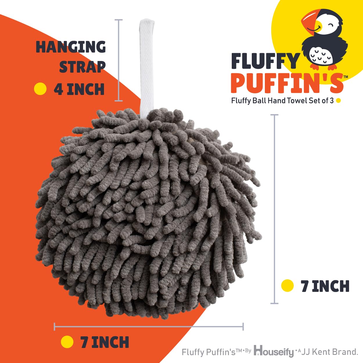 JJ KENT Fluffy Puffins Microfiber Hand Towels - Set of 3 Fluffy Hand Towels with Wall Hook Attachment - Quick and Easy Hand Drying Puffs