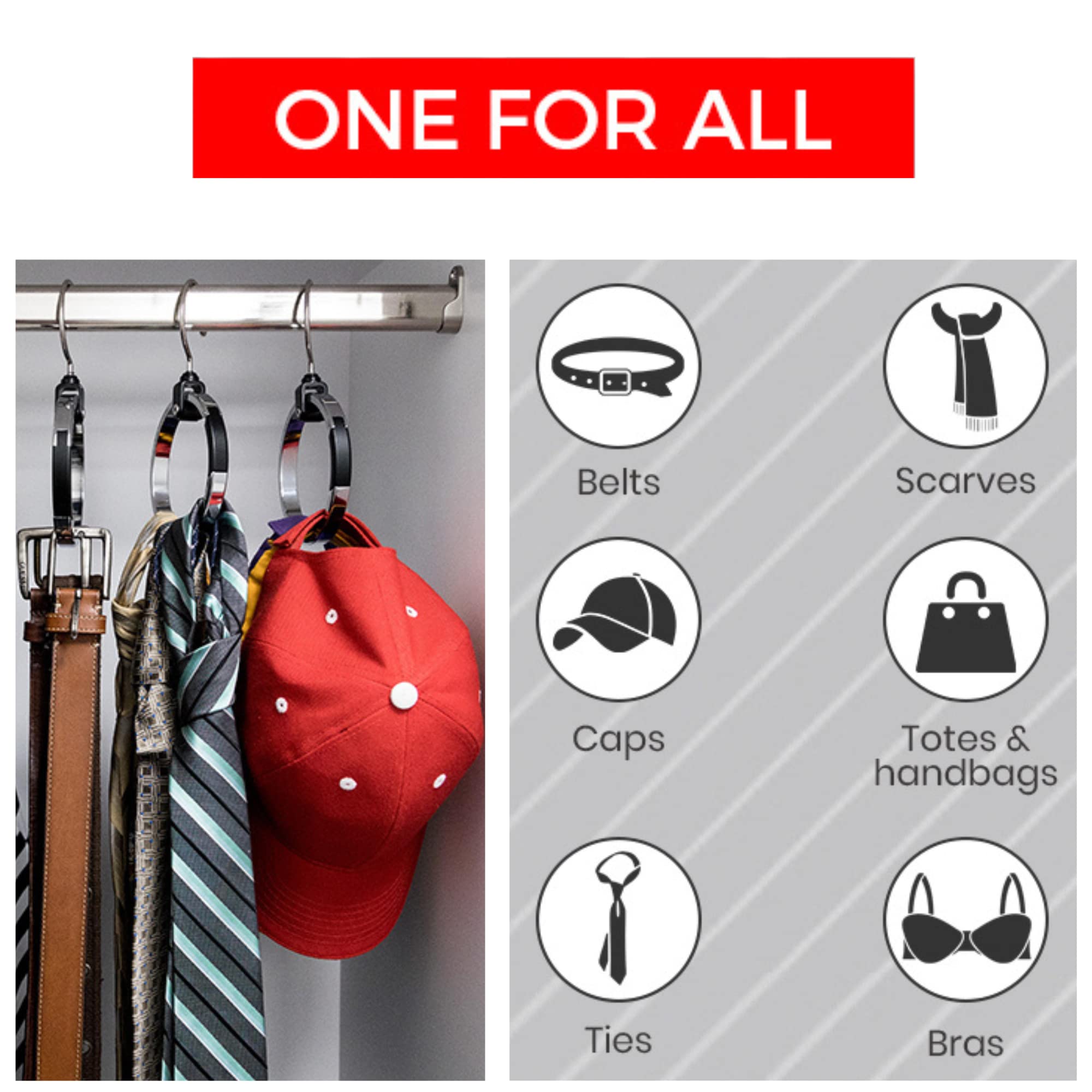 ROLLY HANGER Multipurpose Closet Hangers- Tie and Belt Hanger for Closet- Great Space Saving Belt Organizer for Wardrobe - Ideal for Storing Belts, Ties, Scarfs, Baseball Hats, Purses & More- 1 Pack