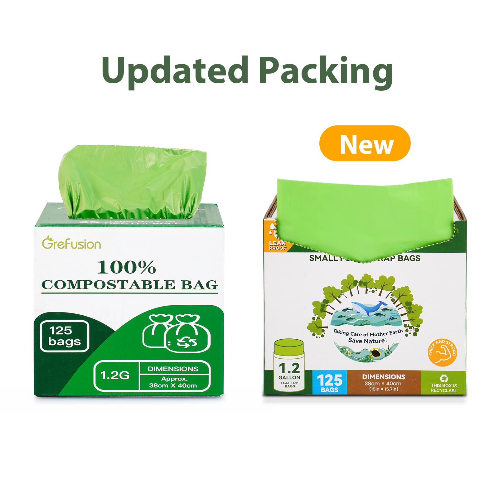 GreFusion Compostable Bags for Kitchen Compost Bin, 1.2 Gallon, 125 Count, Certified by BPI and ASTM, Leakproof and Odor Control