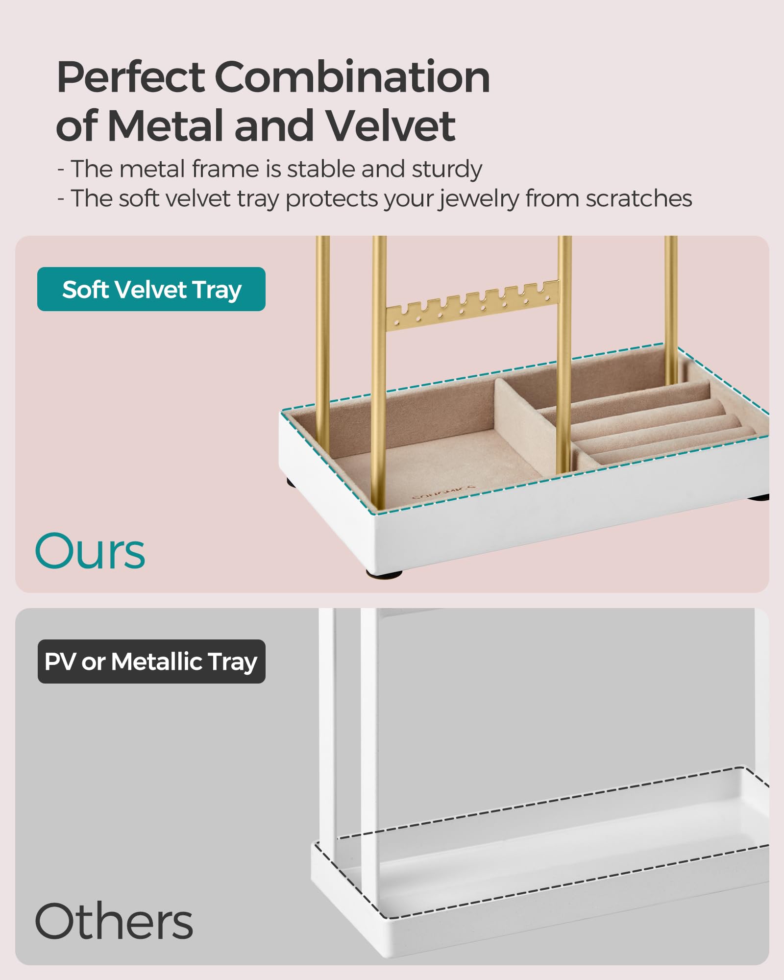 SONGMICS Jewelry Holder, Jewelry Organizer, Jewelry Display Stand with Metal Frame, Velvet Tray, Necklace Earring Bracelet Holder, for Studs, Rings, Gift Idea, Pale Gold UJJS021A01
