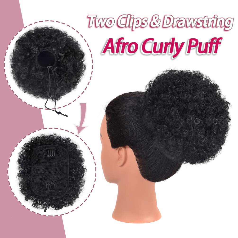 rosmile Afro Puff Drawstring Ponytail Extension for Black Women, Premium Black 1B# 80gram Short Synthetic Afro Puff Ponytail for Natural Hair,Clip On Kinky Drawstring Curly Ponytail Bun