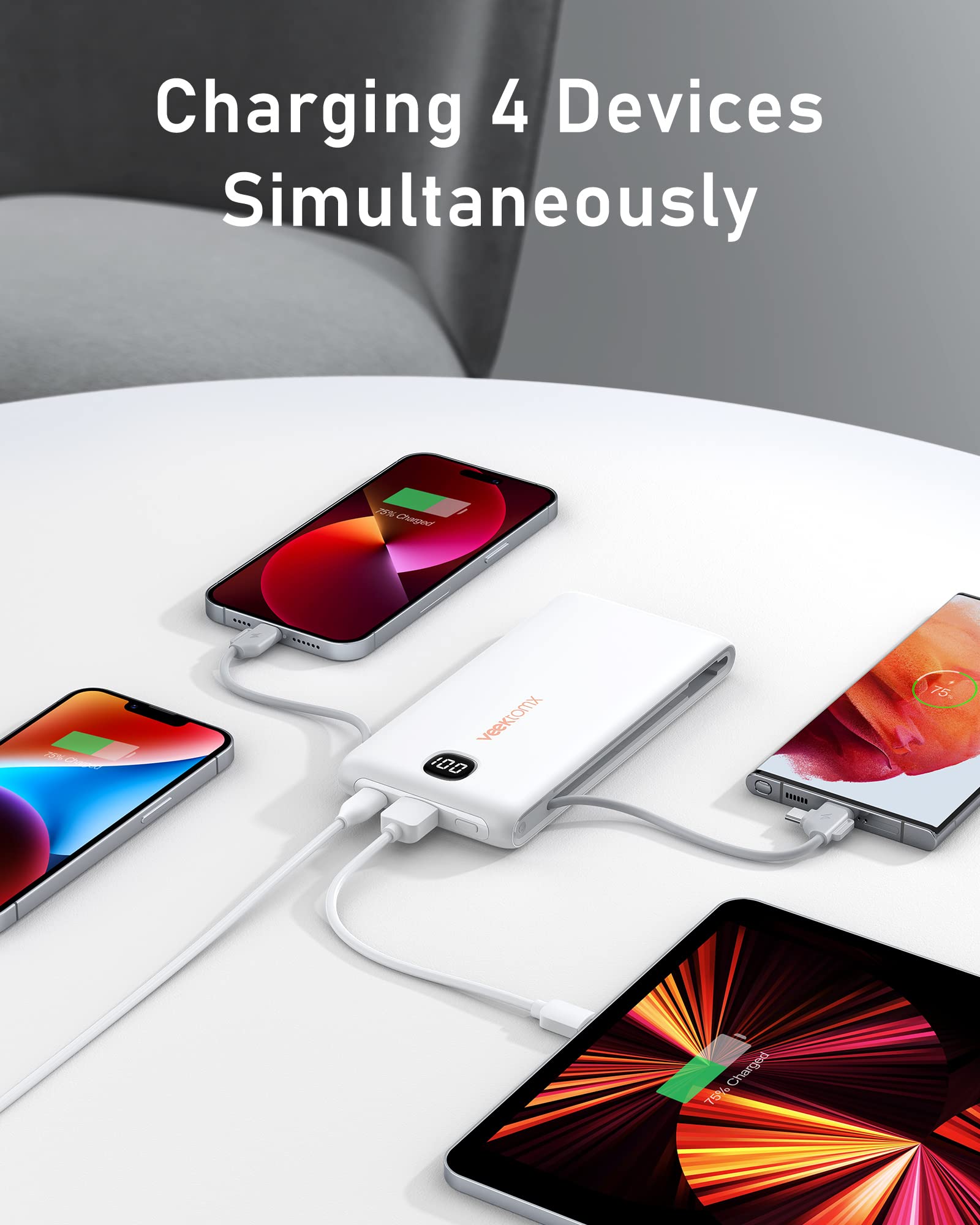 VEEKTOMX Portable Charger with Built in Cables 10000mAh, Power Bank for iPhone with Wall Plug, Travel Essential Fast Charging USB C Slim External Battery Pack for iPhone16/15/14, Samsung, iPad, etc