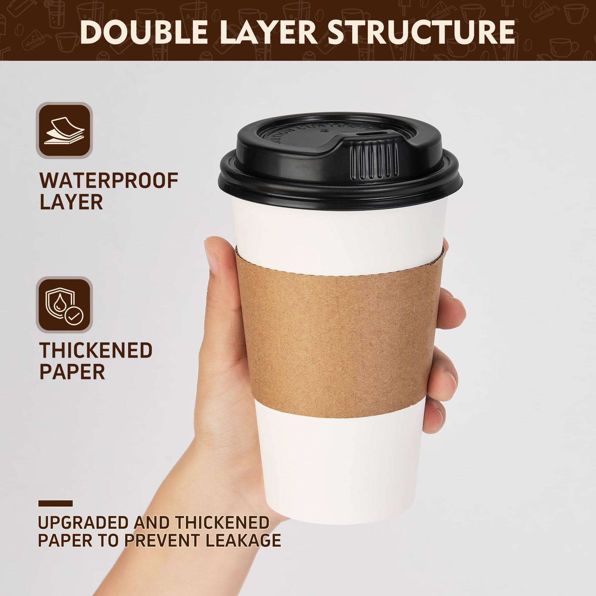 YEEHAW Disposable Coffee Cups with Lids 16 oz 50 Pack, Coffee cups with Lids and Sleeves, To Go Coffee Cups, Hot Paper Cups for Hot Beverages in Party, Family, Office, Upgraded