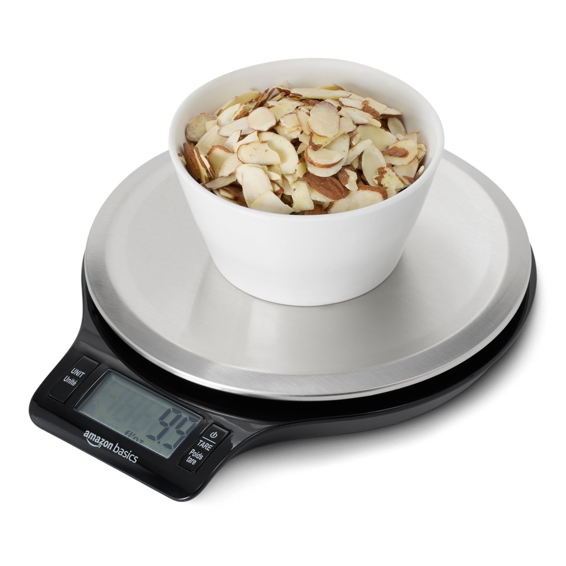 Amazon Basics Digital Kitchen Scale with LCD Display, Batteries Included, Weighs up to 11 pounds, Black and Stainless Steel