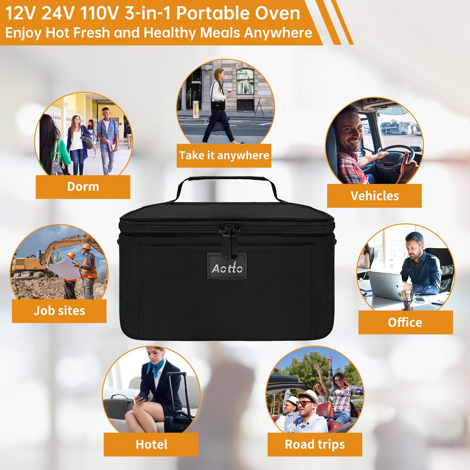Aotto Portable Oven, Electric Lunch Box Food Heater - 12V/24V/110V 3-in-1 Car Food Warmer - Mini Personal Microwave Heated Lunch Box Warmer for Car, Truck, Travel, Office & Home Use - Black