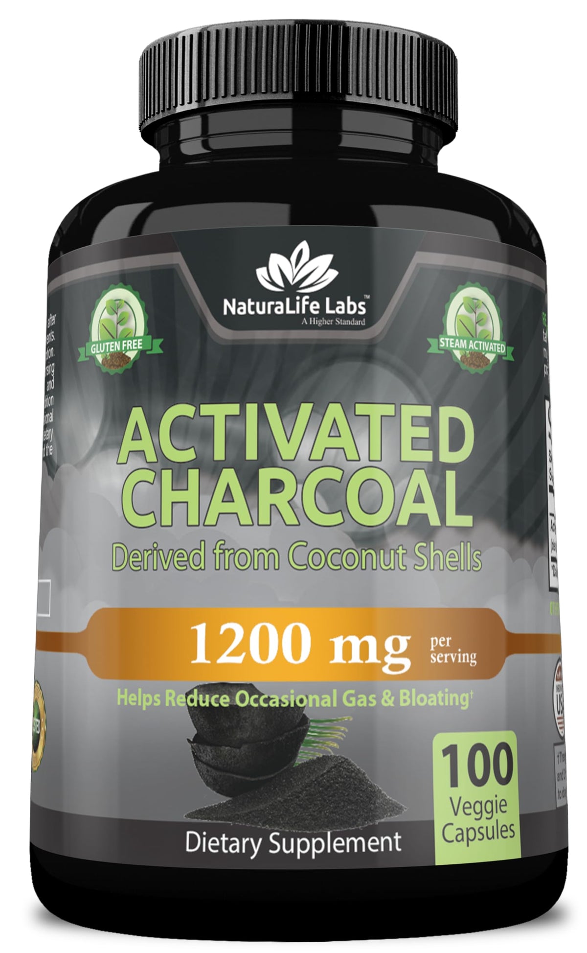 NaturaLife Labs Activated Charcoal 1,200 mg - Highly Absorbent - Supports Relief of Occasional Gas & Bloating - from Coconut Shells - 100 Veg Capsules
