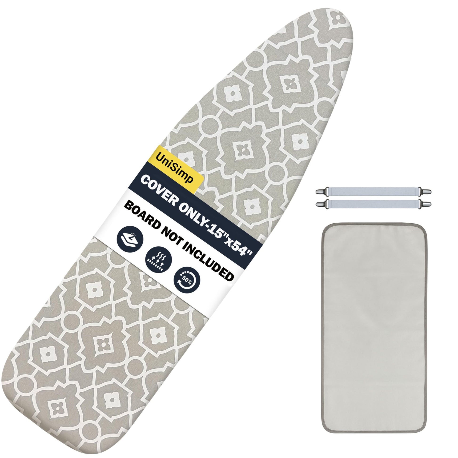 UniSimp Ironing Board Cover and Pad 15X54“ - Extra Thick Natural Cotton, Scorch & Stain-Resistant Padding, Standard Size Iron Board Cover with Metal Fasteners Heavy Duty Elastic Edge, Heatproof