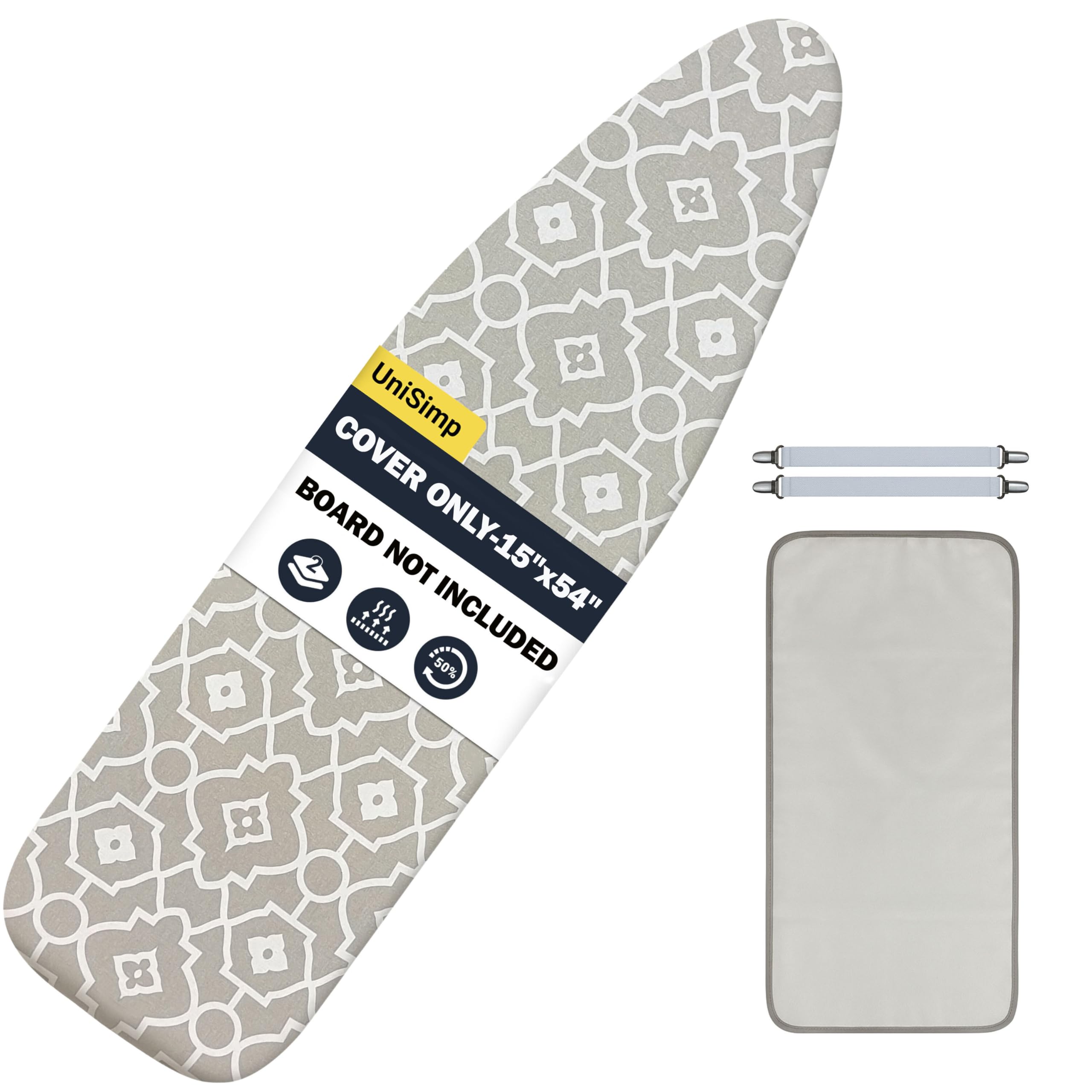 UniSimp Ironing Board Cover and Pad 15X54" - Extra Thick Natural Cotton, Scorch & Stain-Resistant Padding, Standard Size Iron Board Cover with Metal Fasteners Heavy Duty Elastic Edge, Heatproof