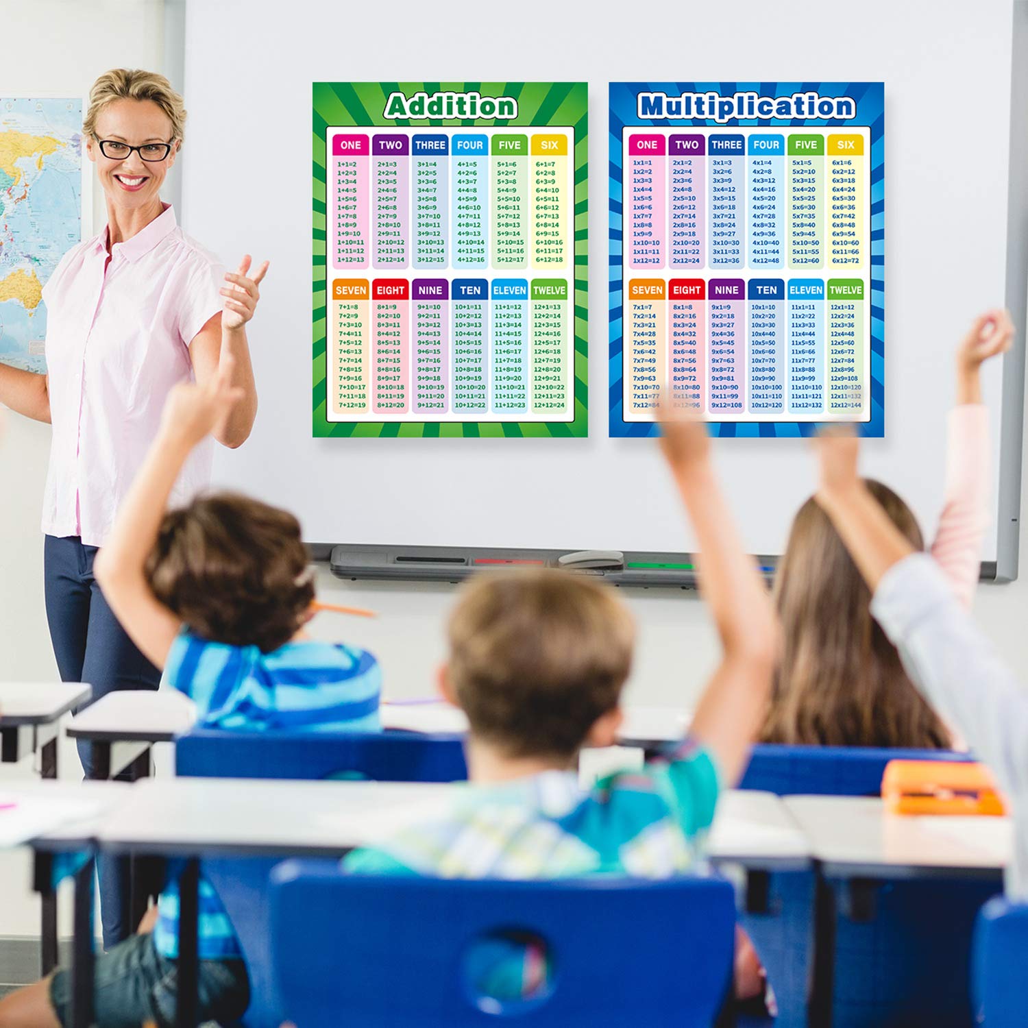 4 Pack Extra Large Educational Math Posters, Multiplication Chart Times Tables Chart 17 x 22 Inch Division Addition Subtraction Posters for Kids, Elementary Middle School Classroom