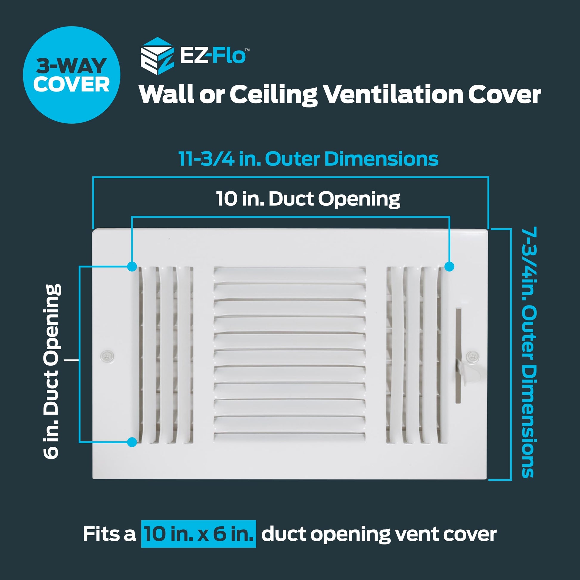 EZ-FLO 10 x 6 Inch (Duct Opening) Air Vent Cover for Wall or Ceiling, Three-Way Ventilation Register, Solid Steel HVAC Register Cover, White, 61614