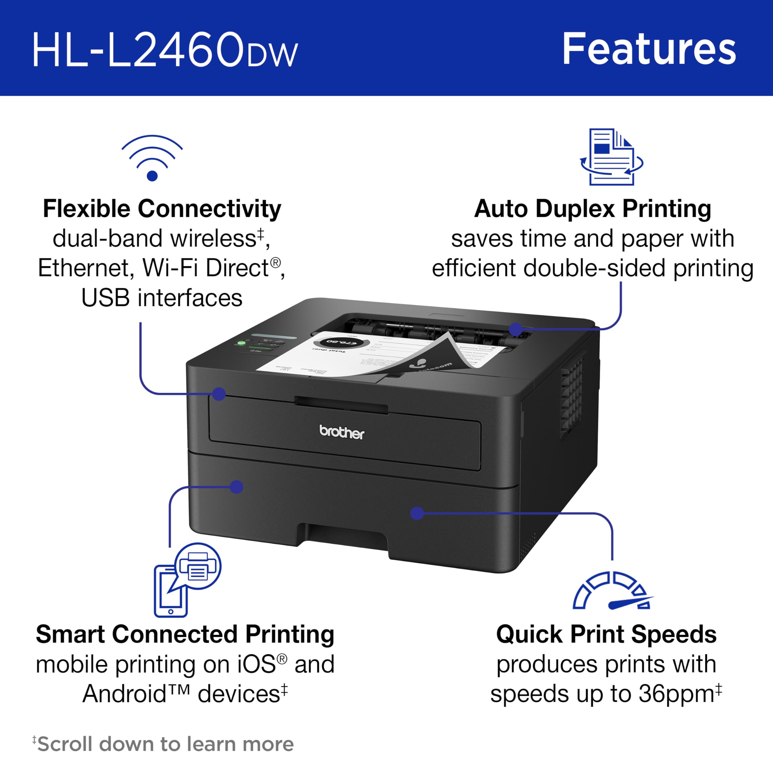 Brother HL-L2460DW Wireless Compact Monochrome Laser Printer with Duplex, Mobile Printing, Black & White Output