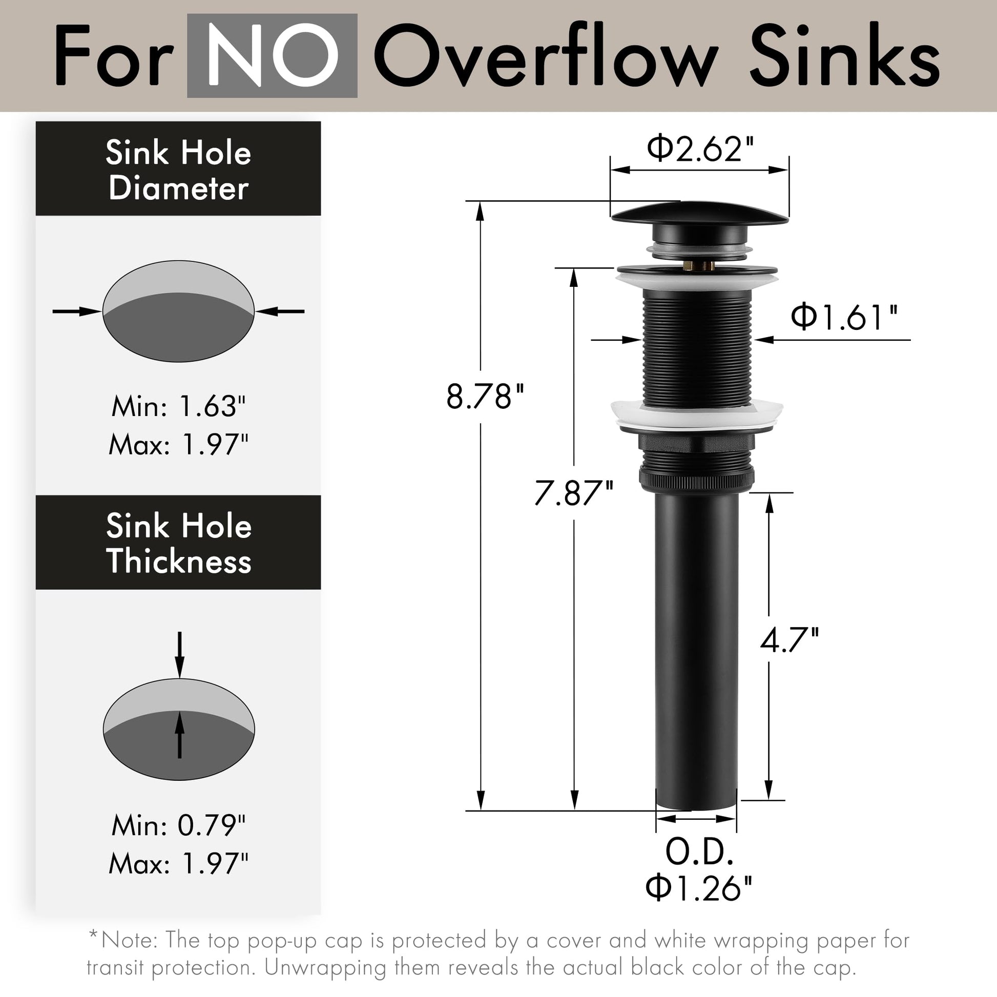 KES Bathroom Sink Drain Without Overflow Vessel Sink Lavatory Vanity Pop Up Drain Stopper Matte Black, All Metal Rustproof Brass and 304 Stainless Steel, S2008D-BK