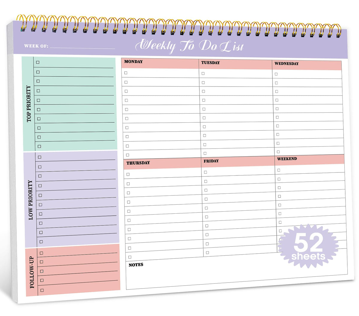 Weekly To Do List Notepad with 52 Undated Sheets(8.5"x11")- Weekly Desk Planner for Women & Man, Work and Home - Violet Dream