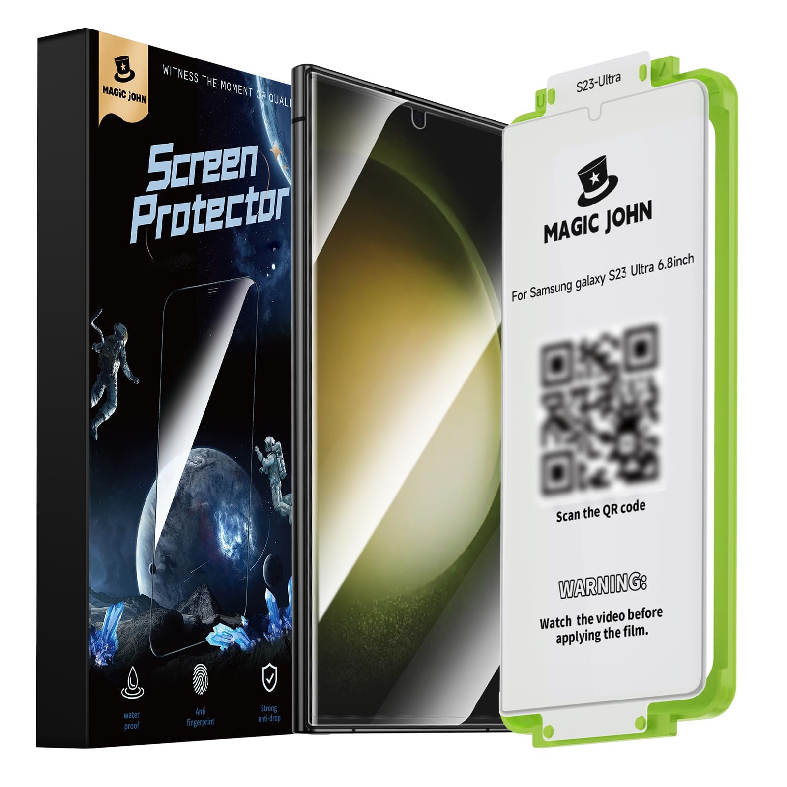 MAGIC JOHN عبوة واقي شاشة قطعتين لهاتف Samsung Galaxy S23 Ultra - طبقة سيراميك، متوافق مع بصمة الإصبع، سهل التركيب، مقاوم للصدمات، منحني ثلاثي الأبعاد، خالٍ من الفقاعات