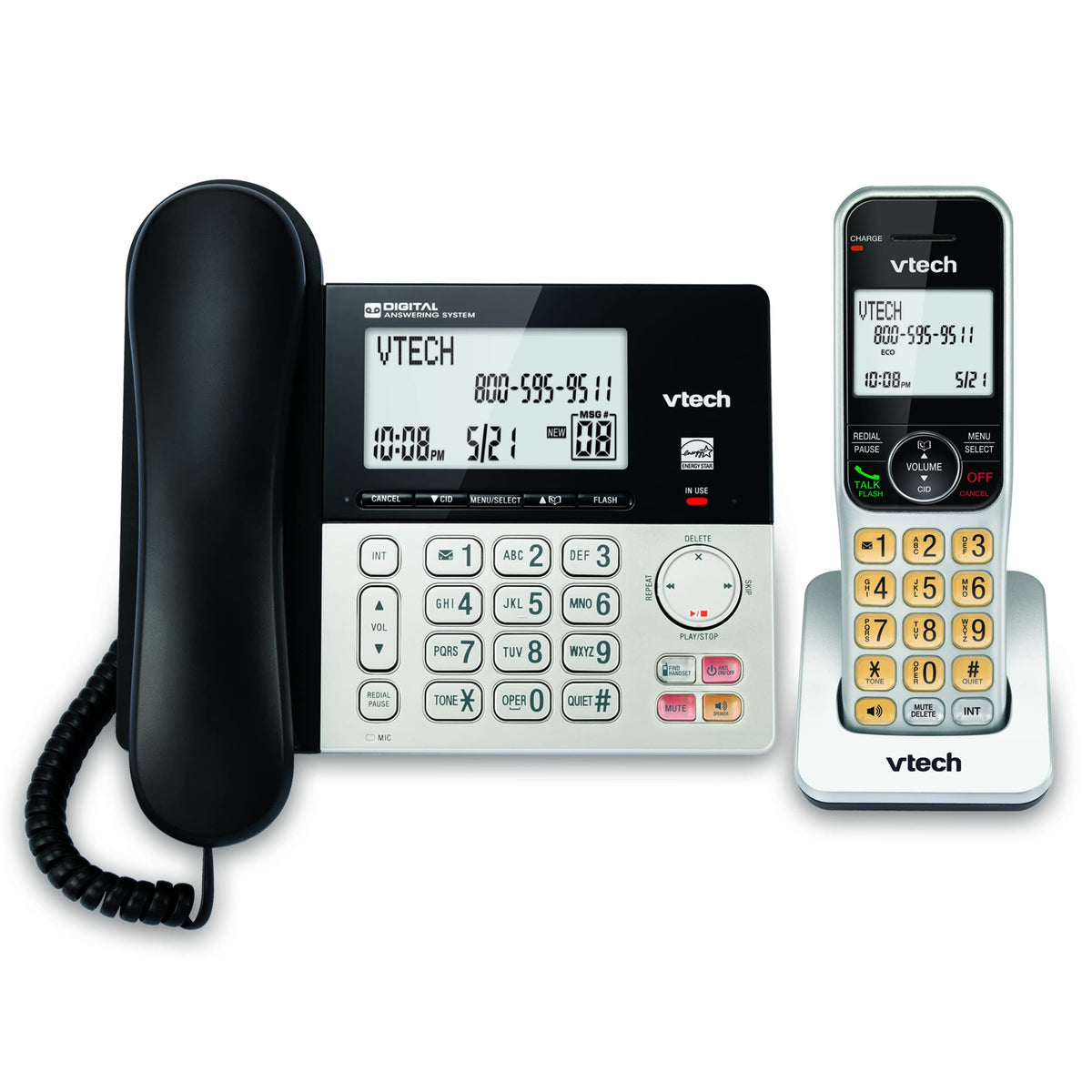 هاتف VTech VG208 DECT 6.0 سلكي/لاسلكي للمنزل مع جهاز الرد على المكالمات وحظر المكالمات ومعرف المتصل وشاشة عرض كبيرة بإضاءة خلفية ومكبر صوت مزدوج واتصال داخلي وطاقة خط (فضي/أسود)