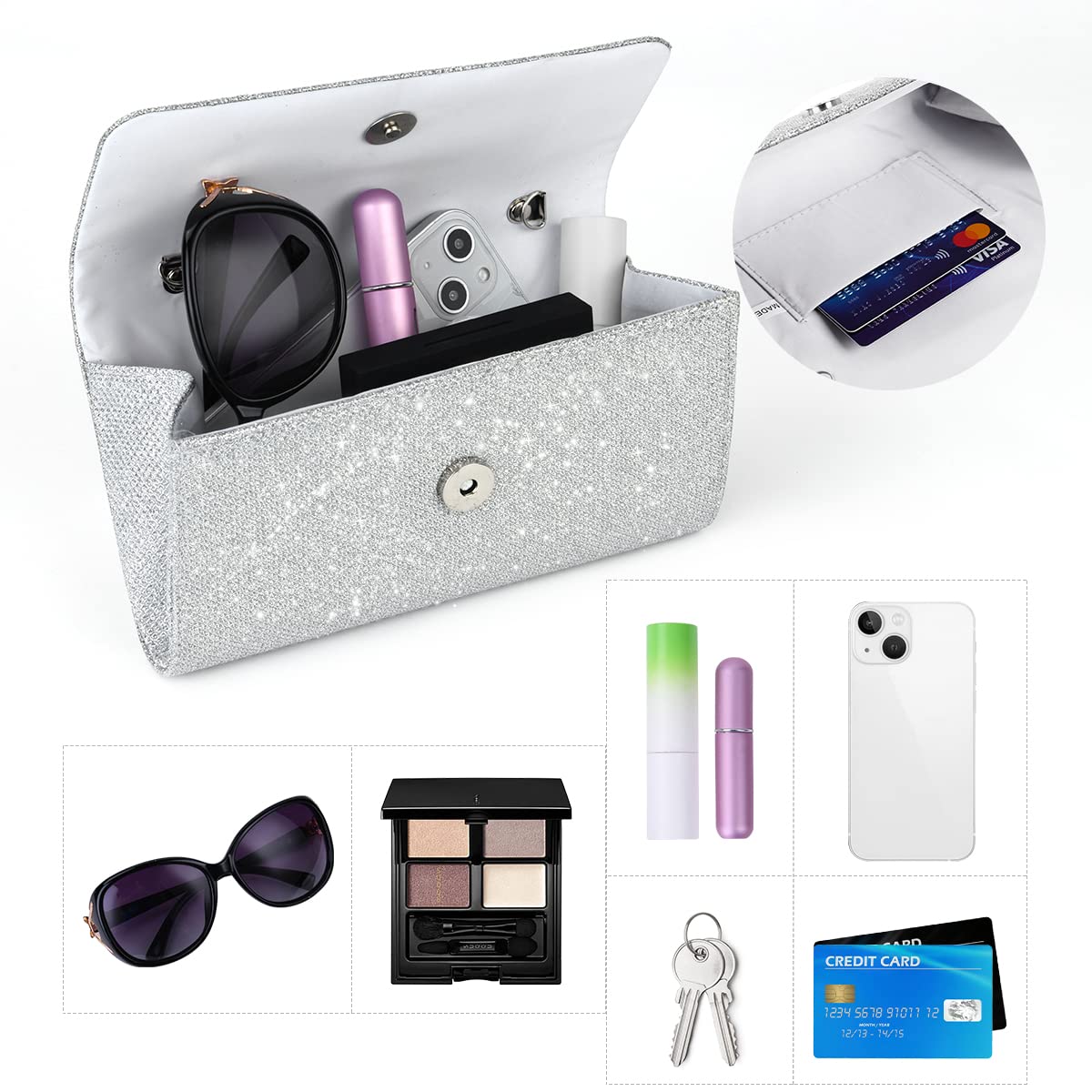 OSDUE Evening Bag Clutch Purses for Women, Glitter Evening Bag Sparkling Envelope Packet with Detachable Chain for Prom Wedding Party Banquet Date (Silver)