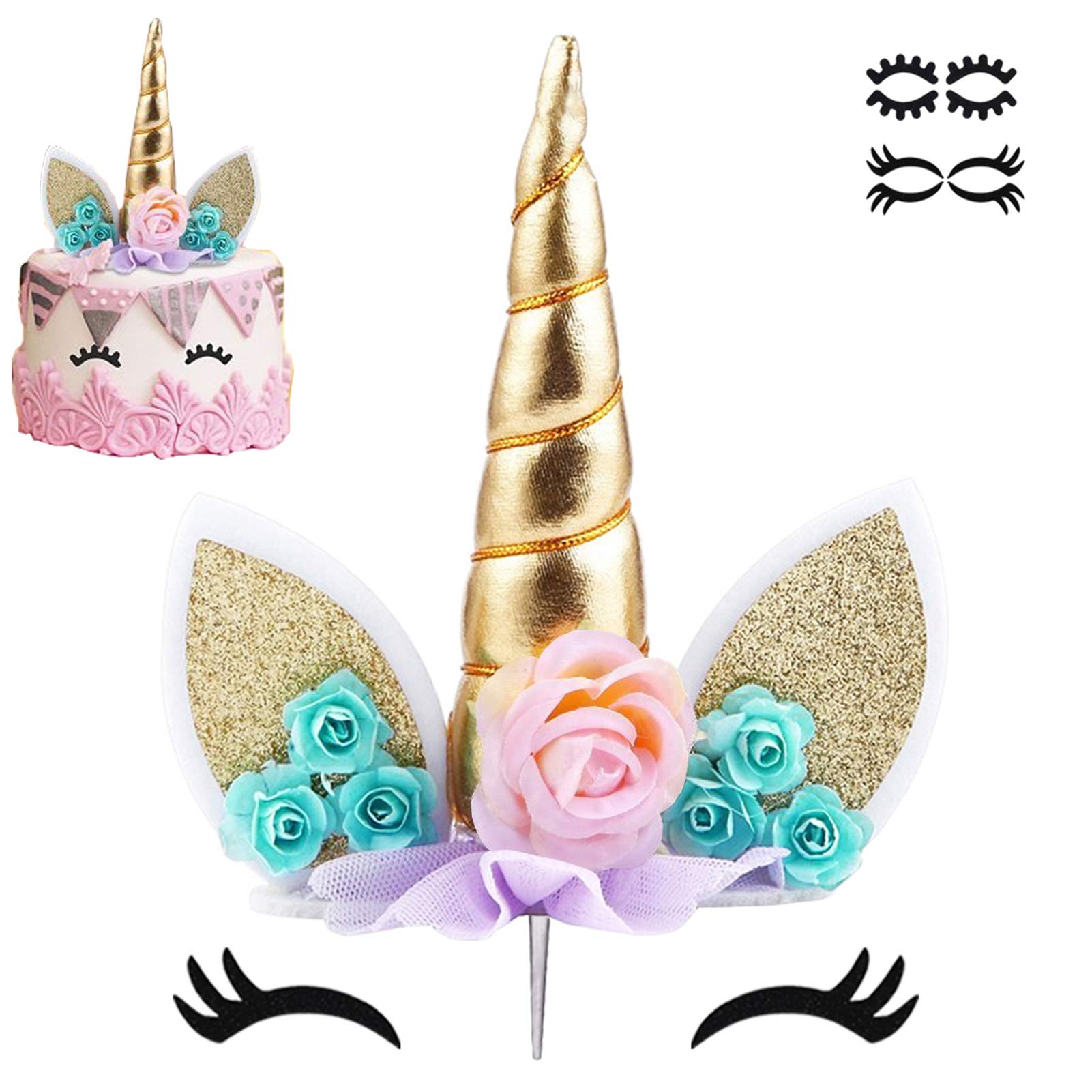 Zkptops Unicorn Cake Topper Birthday Party Supplies Unicorn Birthday Decorations Gold Horn Cake Topper Accessory with Eyelashes Cute Handmade Reusable Cake Toppers for Girls Kids Women 5.8 Inch