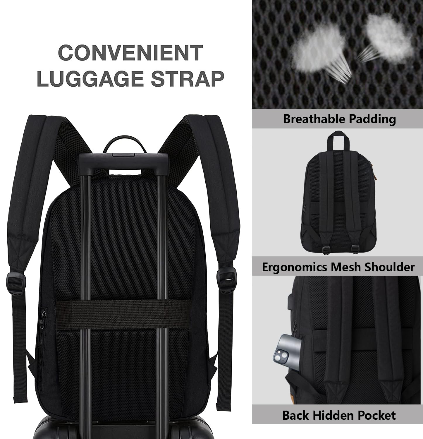 KEOFID Travel backpack for Men and Women, Anti Theft Laptop Backpack with USB Charging Port for Work, Large Bag for College, BLACK BOOK BAG FOR BOYS, GILRS Backpack,Water Resistent(Black)