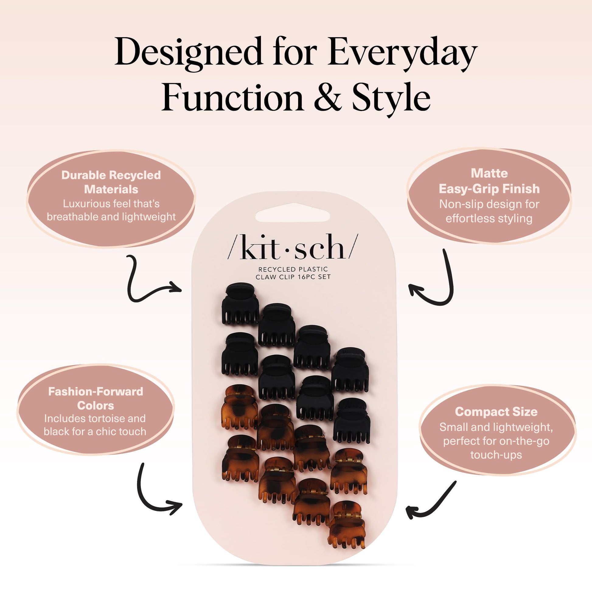 Kitsch Mini Claw Clips for Women - Stylish Small Hair Clips for Kids | Stays In Place Without Pulling or Snagging | Durable Plastic & Sturdy For Everyday Styling - Tortoise & Black, 16 Pcs
