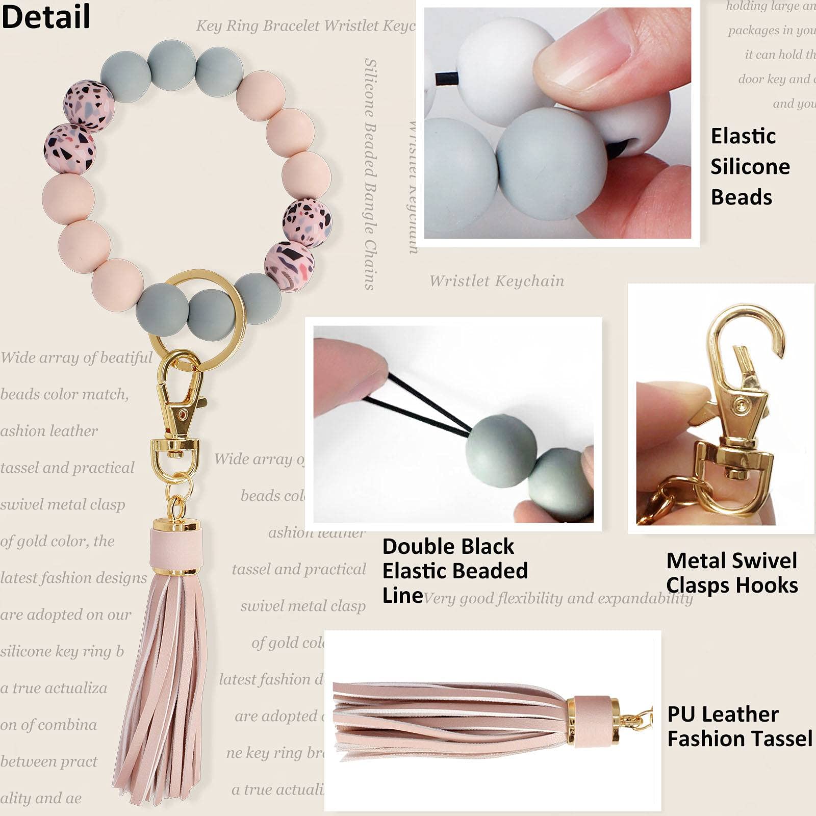 BIHRTC Keychain Wristlet Bracelet Silicone Key Ring Bracelet Wristlet Keychain with Leather Tassel Wrist Key Ring Bangle Silicone Bead keyring for Women