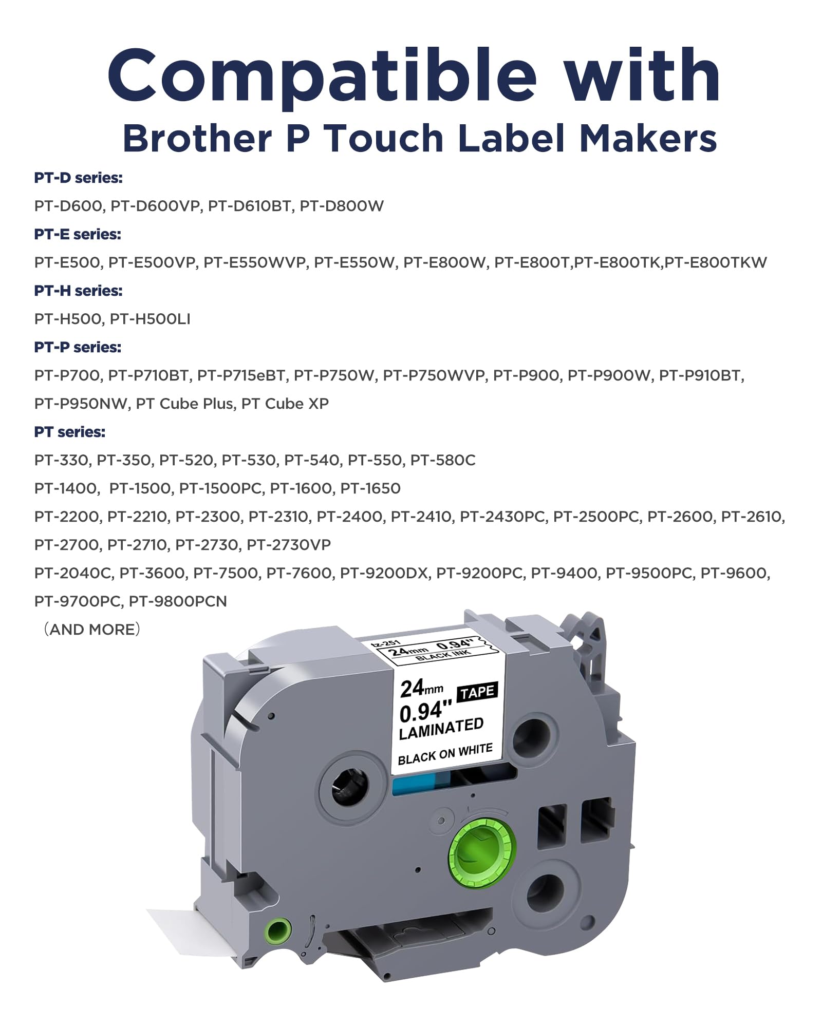 TZe-251 Label Maker Tape 24mm 0.94 Laminated White Replacement for Brother P-Touch Label Tape TZe251 TZ-251 Black on White 1 Inch TZe Tz Tape Work for Brother PT-D600 PT-D610BT PTP700 PTP710BT, 4-Pack