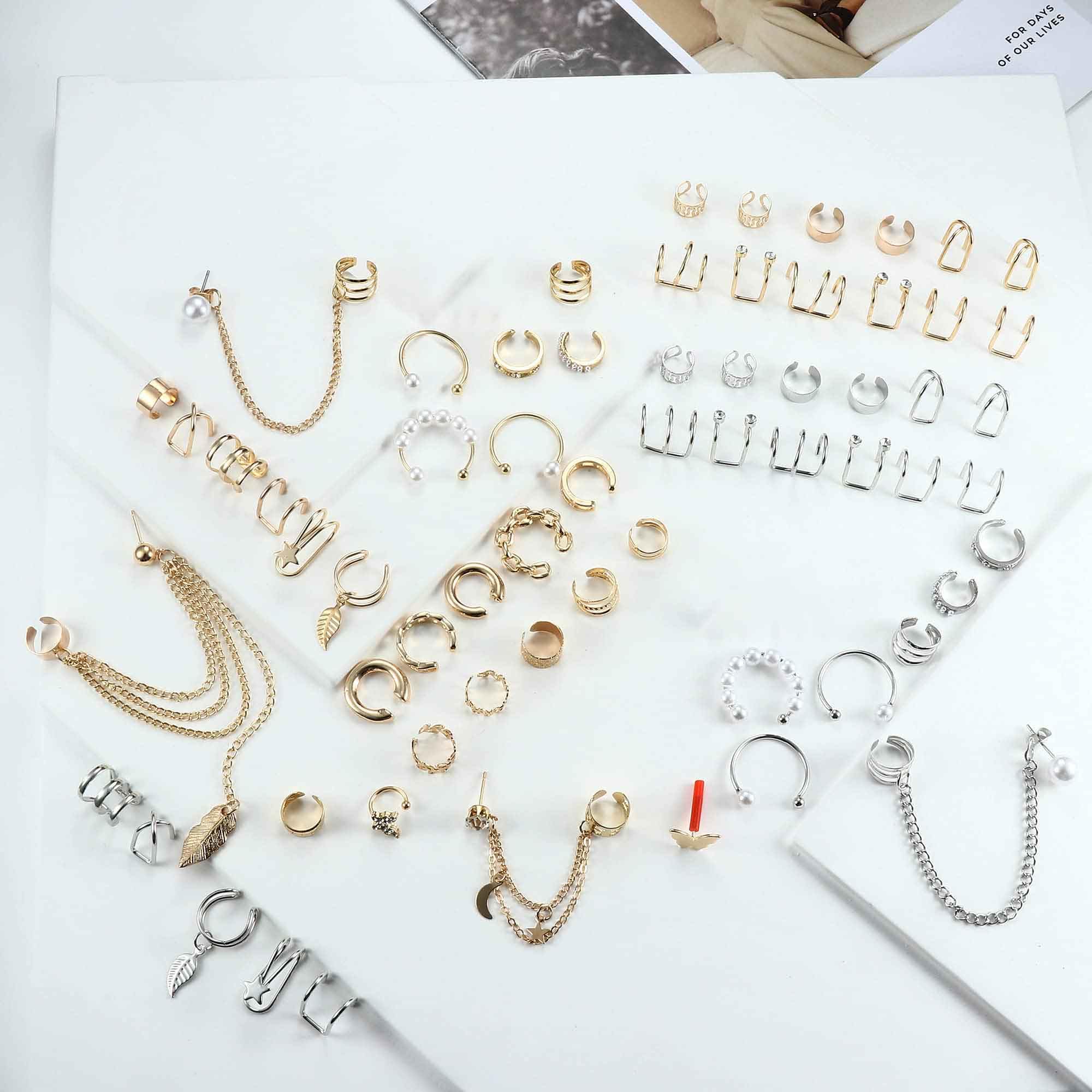 BESTEEL 66 Pcs Ear Cuff Earrings for Women Non Piercing, Hypoallergenic Silver Clip on Cartilage Fake Earrings for Sensitive Ears, Gold Ear Wrap Earrings for Helix Cartilage, Cross X Double Line Cat Claw Cz Pearl Star Butterfly Ear Cuffs Non Piercing