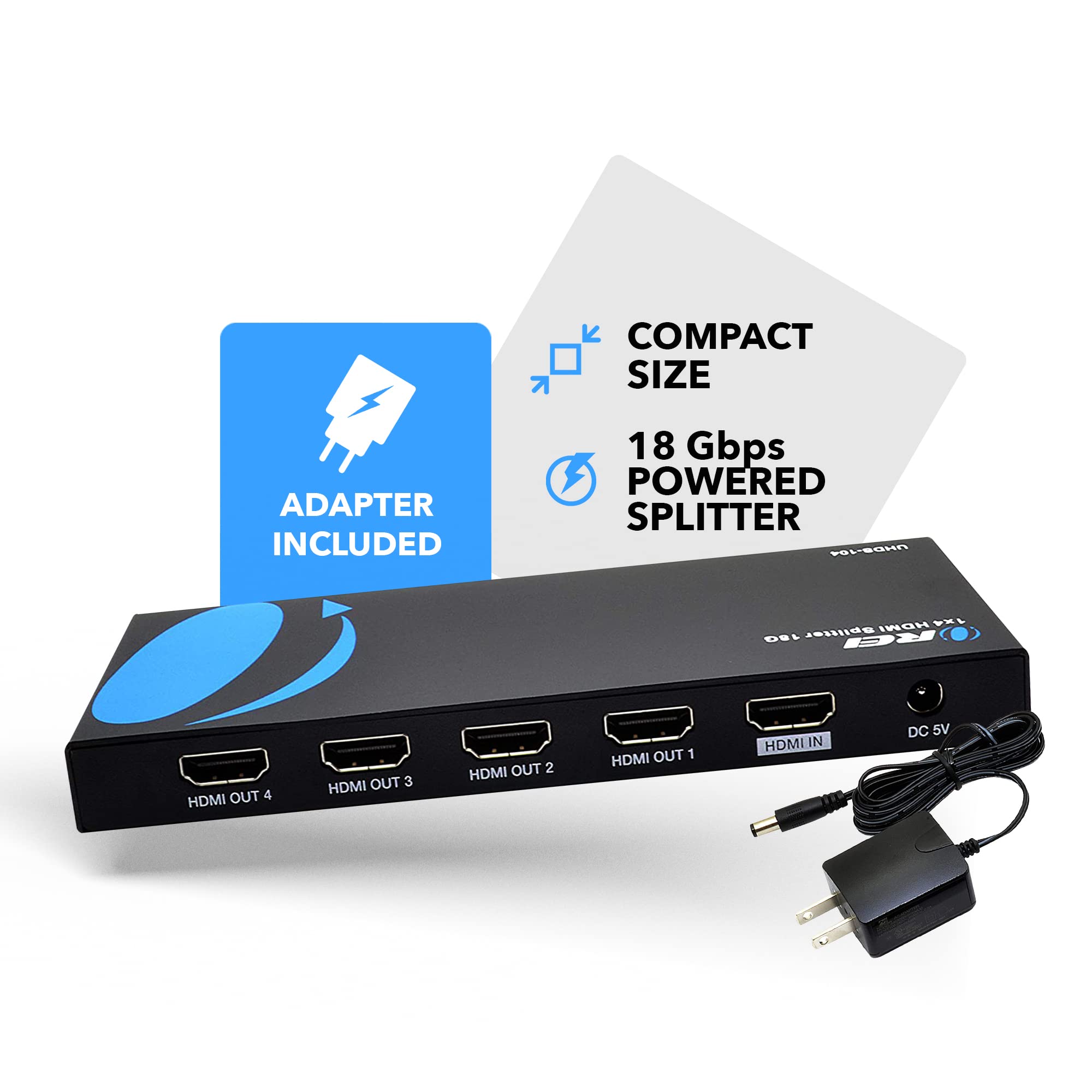OREI UltraHD 4K @ 60 Hz 1 X 4 HDMI Splitter 1 in 4 Out 4 Port 4: 8-Bit - HDMI 2.0, HDCP 2.0, 18 Gbps, EDID, Duplicate / Mirror 4K Screens - UHDS-104