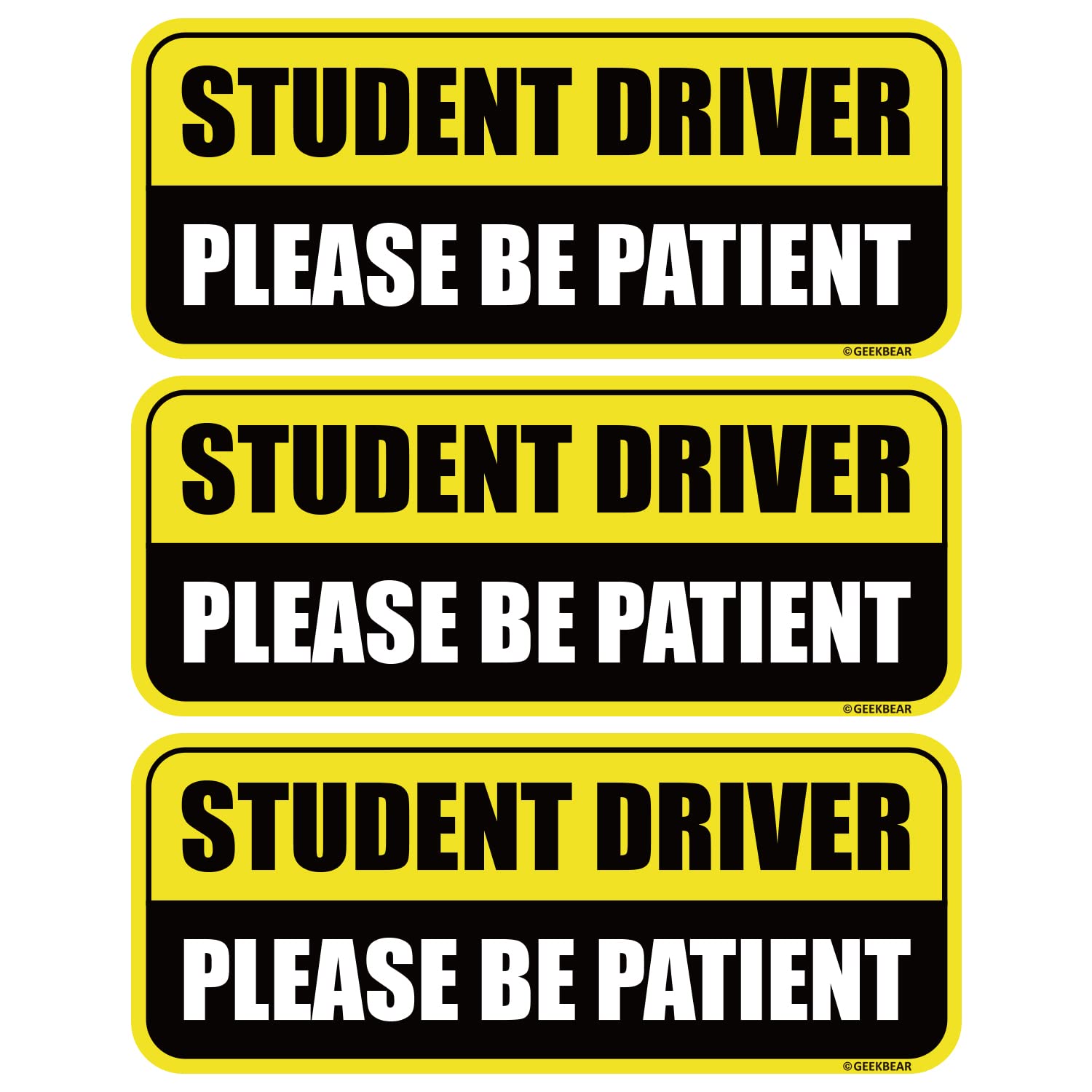GEEKBEAR Student Driver Car Magnet - Colorful, Reflective, Weather-Resistant - Rectangular 8.7 x 3.5 in (Yellow/Black, 3 Pack)