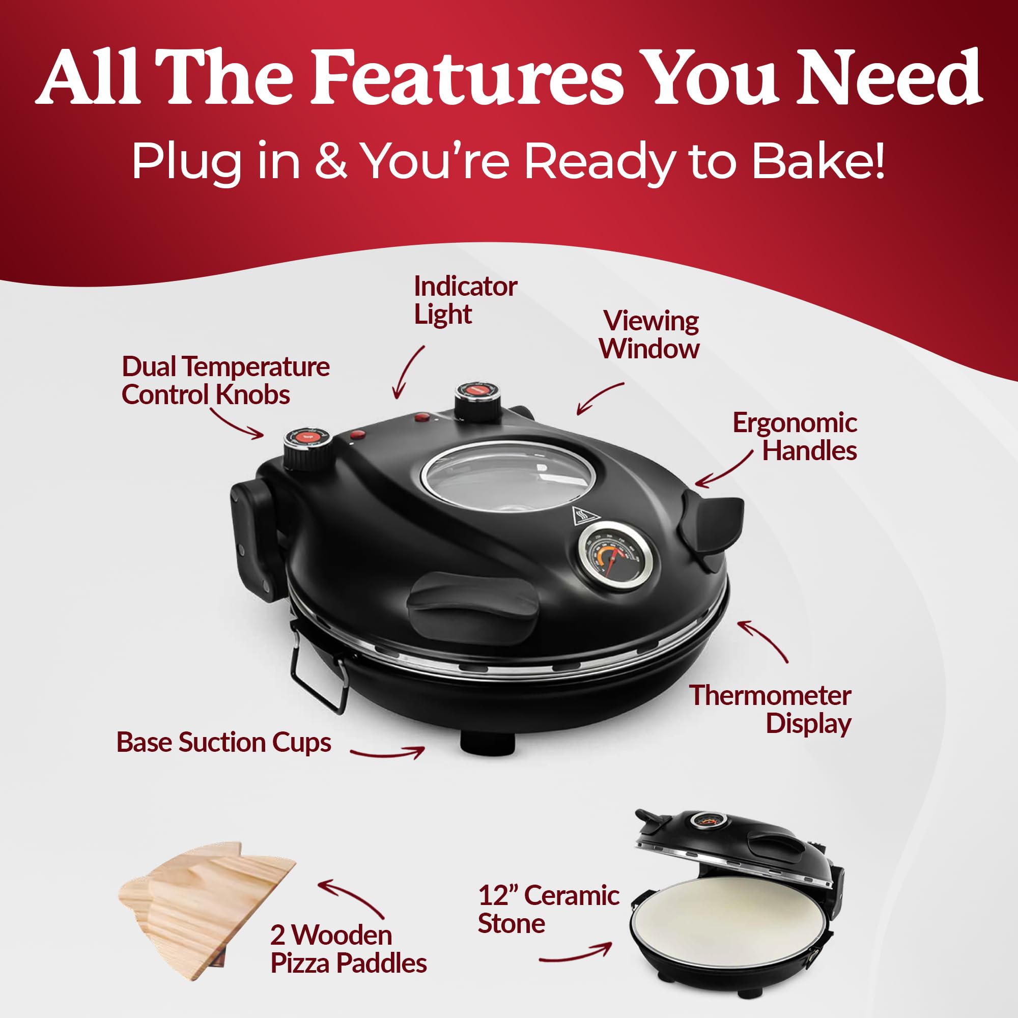 PIEZANO Crispy Crust Pizza Oven by Granitestone – 12 Inch Electric Pizza Oven Indoor Countertop Maker with Ceramic Stone Heats up to 800˚F for Delicious Stone Baked Pizzeria Style Pizza at Home