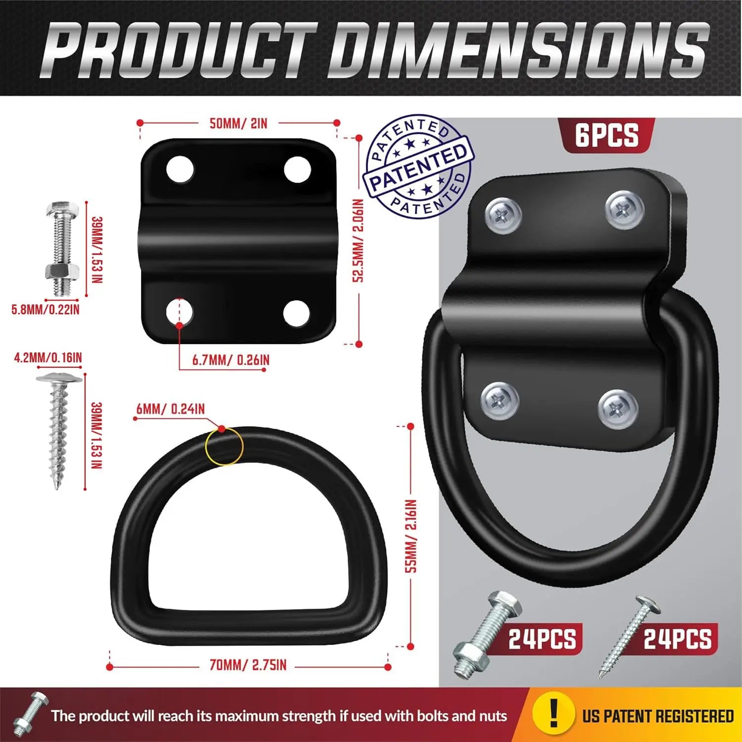 PAMAZY 6PCS Heavy Duty Steel D Rings Tie Down Anchors, Ultra Durable 3500 Pound Breaking Strength Surface Mount Hooks Securing Cargo for Trailer, Truck Bed, with Screws & Bolts